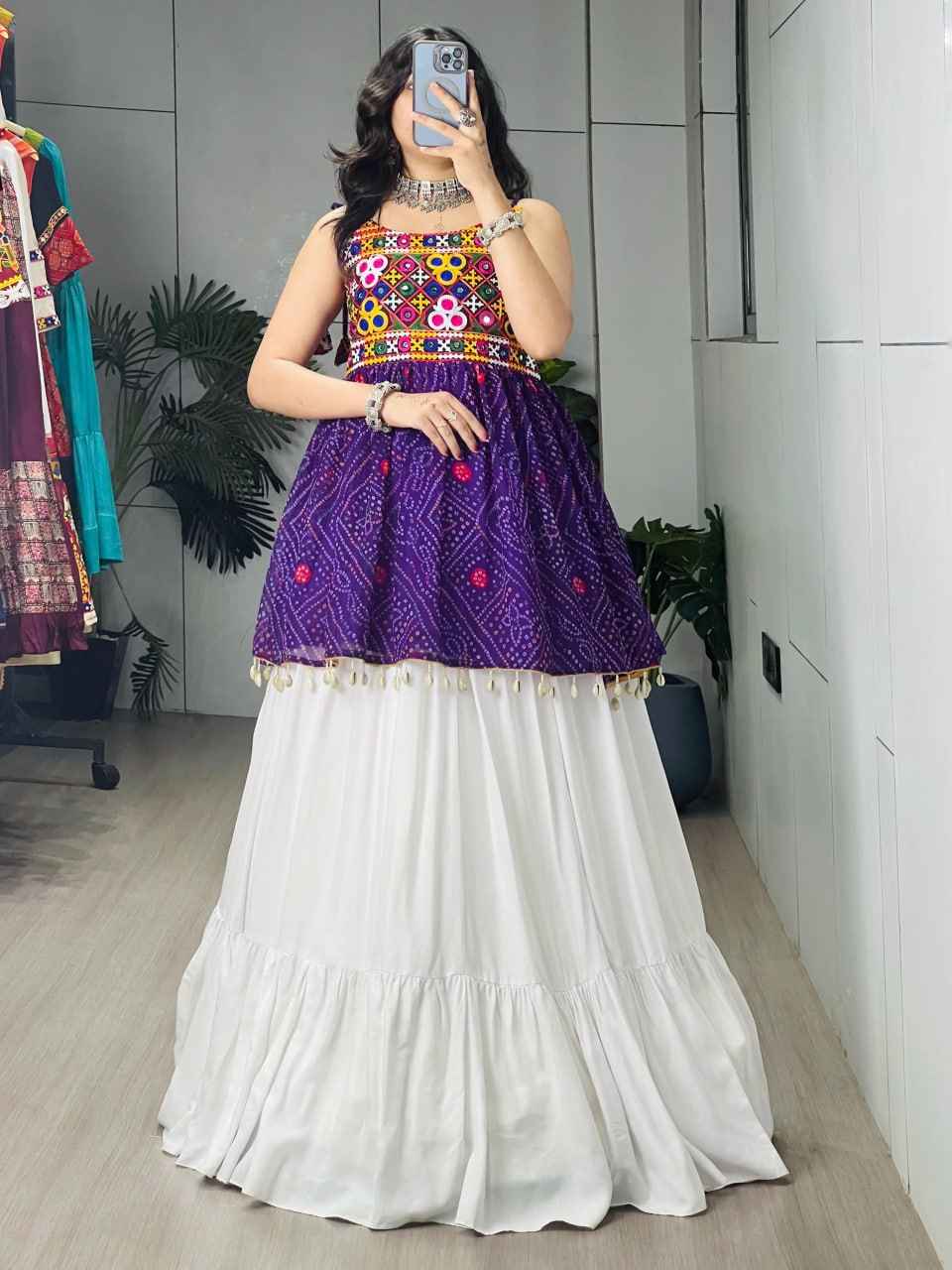 Purple Pure Rayon Cotton Plain With Frilled Navratri Lehenga Choli