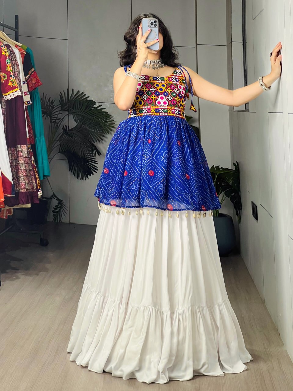 Blue Pure Rayon Cotton Plain With Frilled Navratri Lehenga Choli