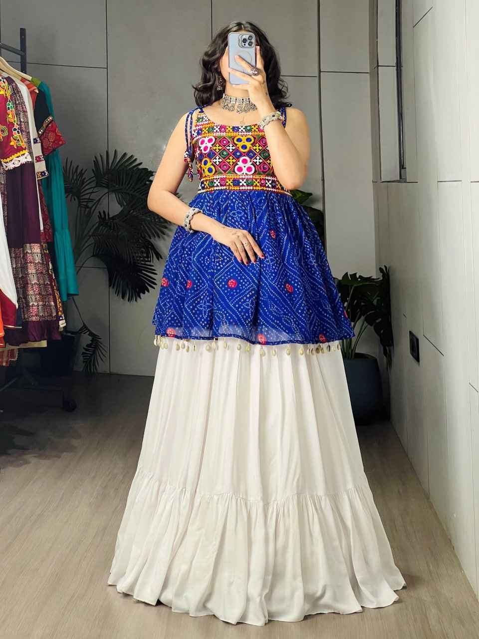 Blue Pure Rayon Cotton Plain With Frilled Navratri Lehenga Choli