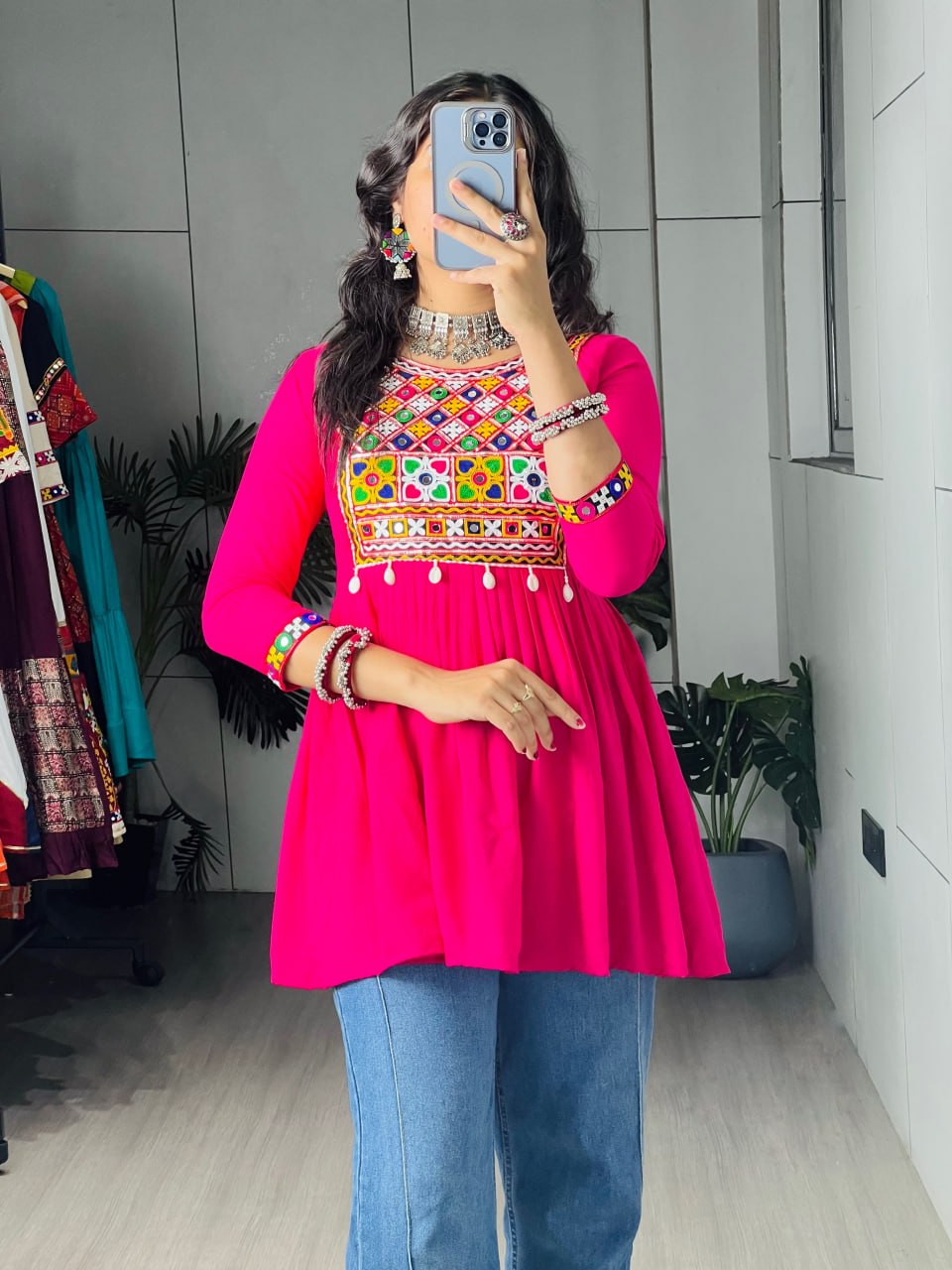 Rani Pure Rayon Cotton Gamthi Work & Gota Pati Work Readymade Kurti With Top