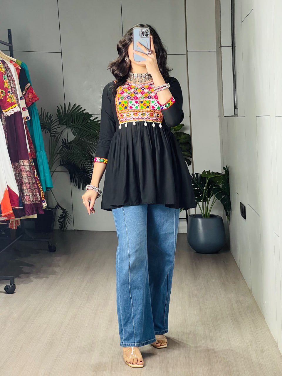Black Pure Rayon Cotton Gamthi Work & Gota Pati Work Readymade Kurti With Top