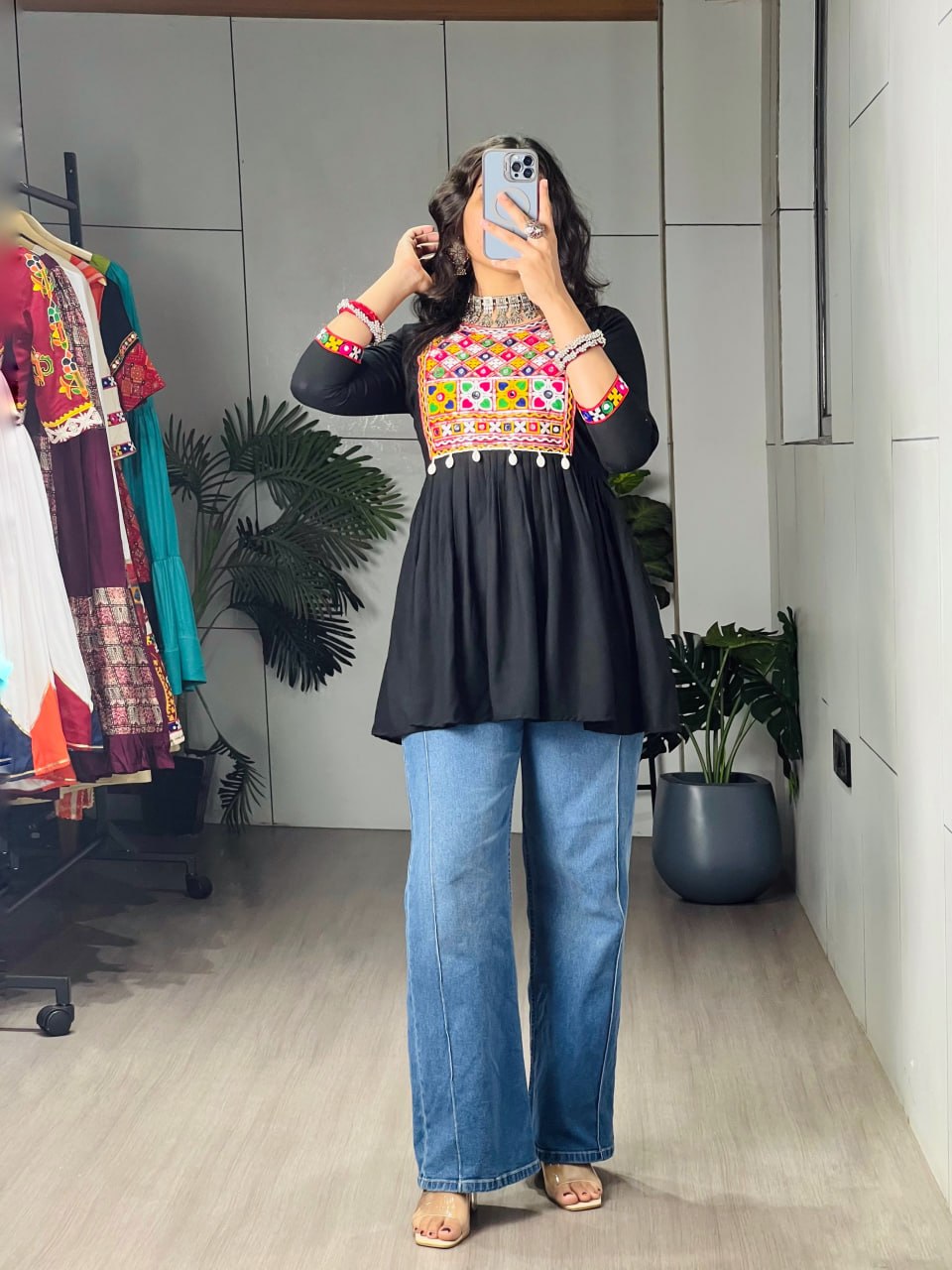 Black Pure Rayon Cotton Gamthi Work & Gota Pati Work Readymade Kurti With Top