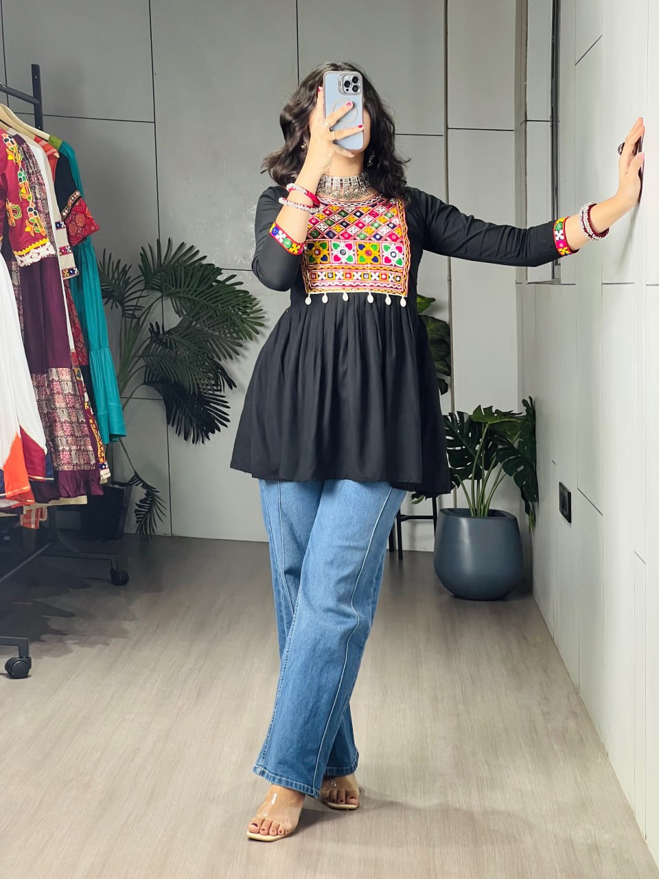 Black Pure Rayon Cotton Gamthi Work & Gota Pati Work Readymade Kurti With Top
