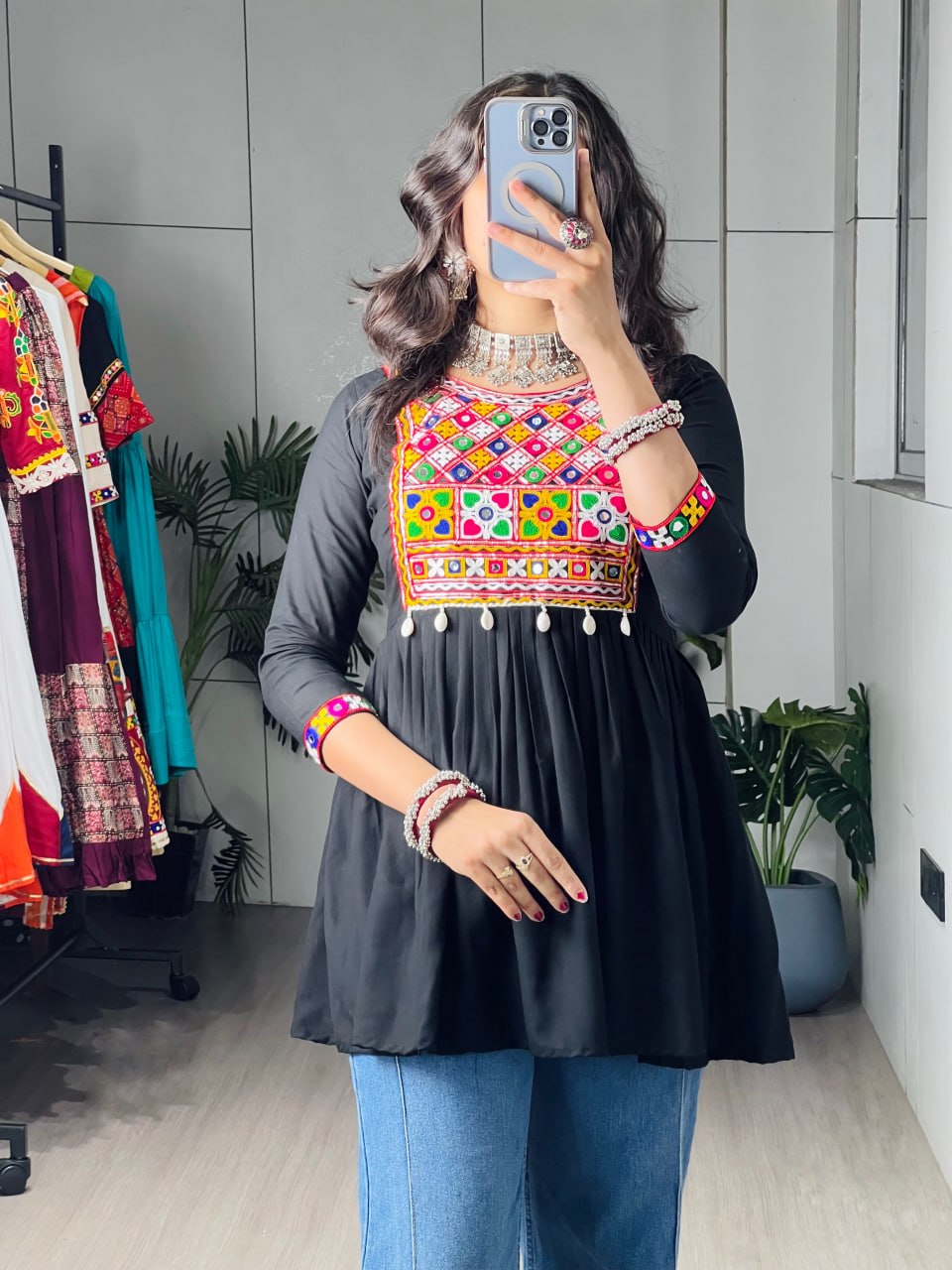 Black Pure Rayon Cotton Gamthi Work & Gota Pati Work Readymade Kurti With Top