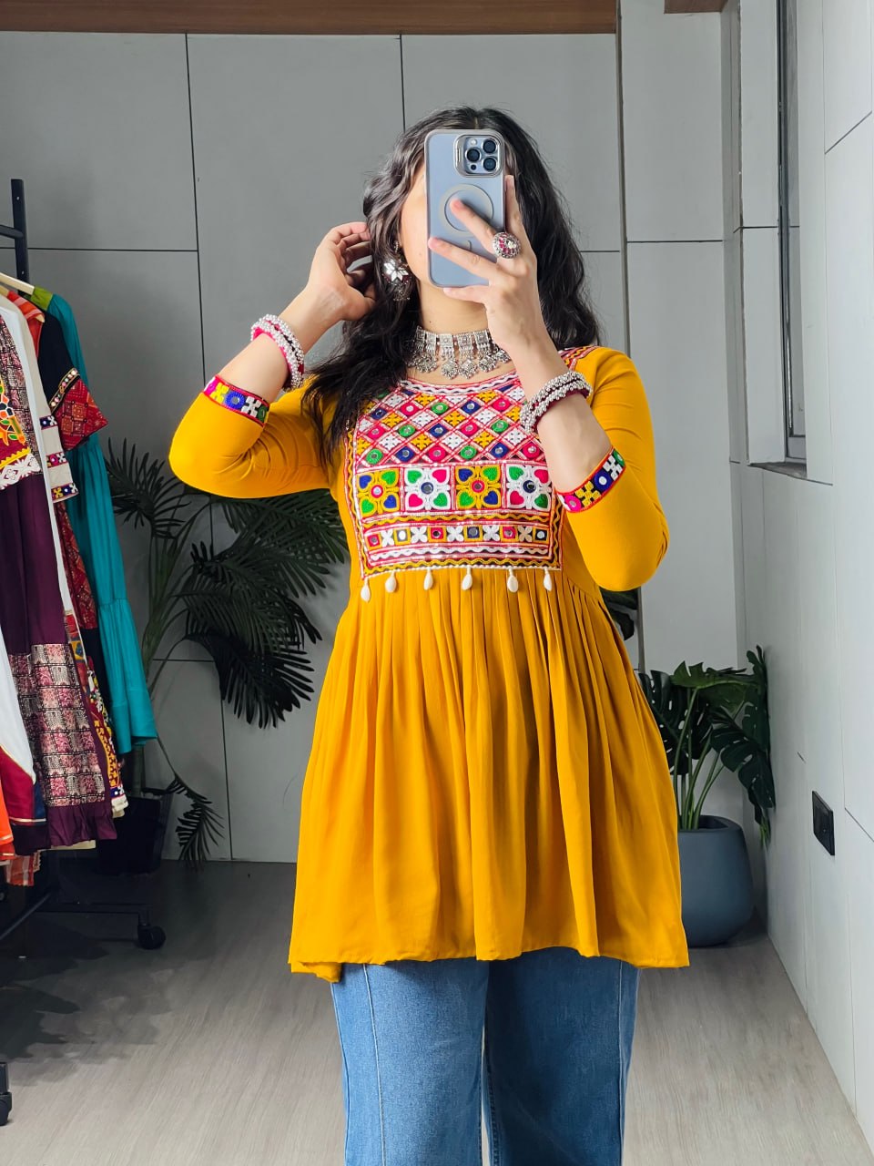 Mustard Pure Rayon Cotton Gamthi Work & Gota Pati Work Readymade Kurti With Top