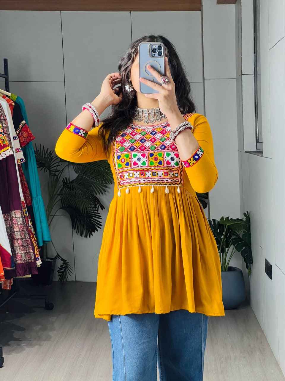 Mustard Pure Rayon Cotton Gamthi Work & Gota Pati Work Readymade Kurti With Top