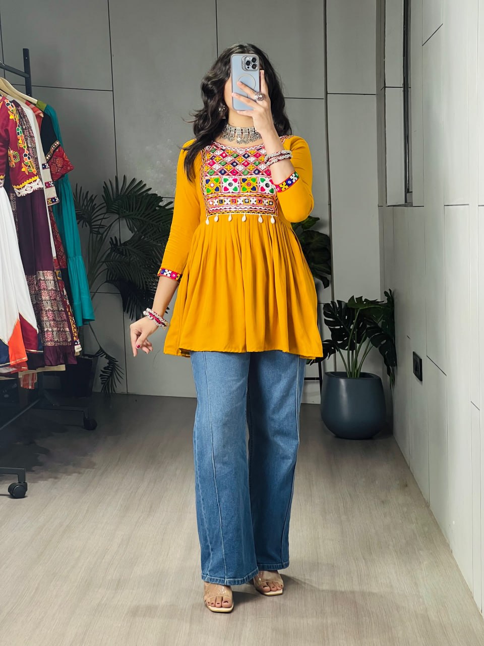 Mustard Pure Rayon Cotton Gamthi Work & Gota Pati Work Readymade Kurti With Top