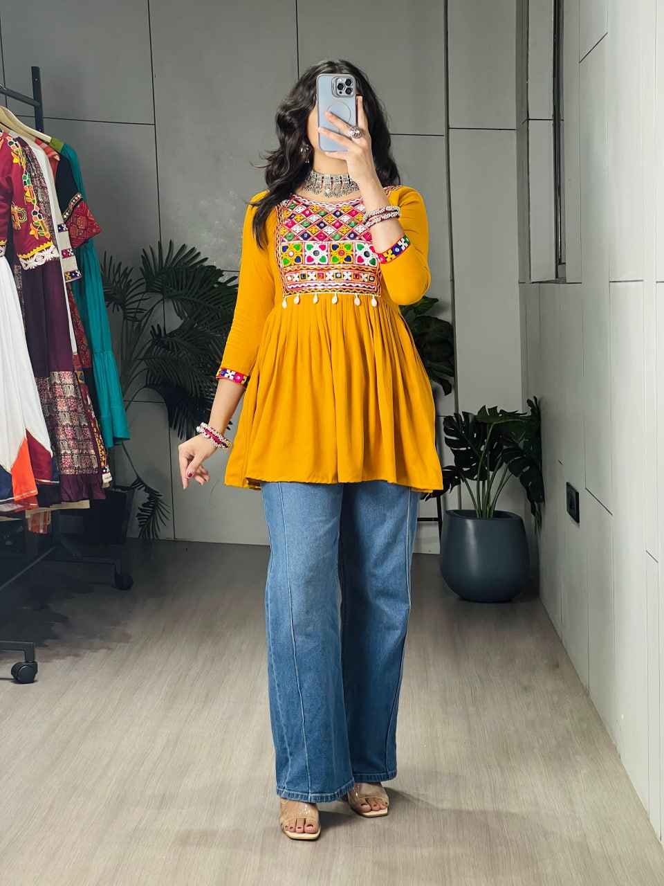 Mustard Pure Rayon Cotton Gamthi Work & Gota Pati Work Readymade Kurti With Top