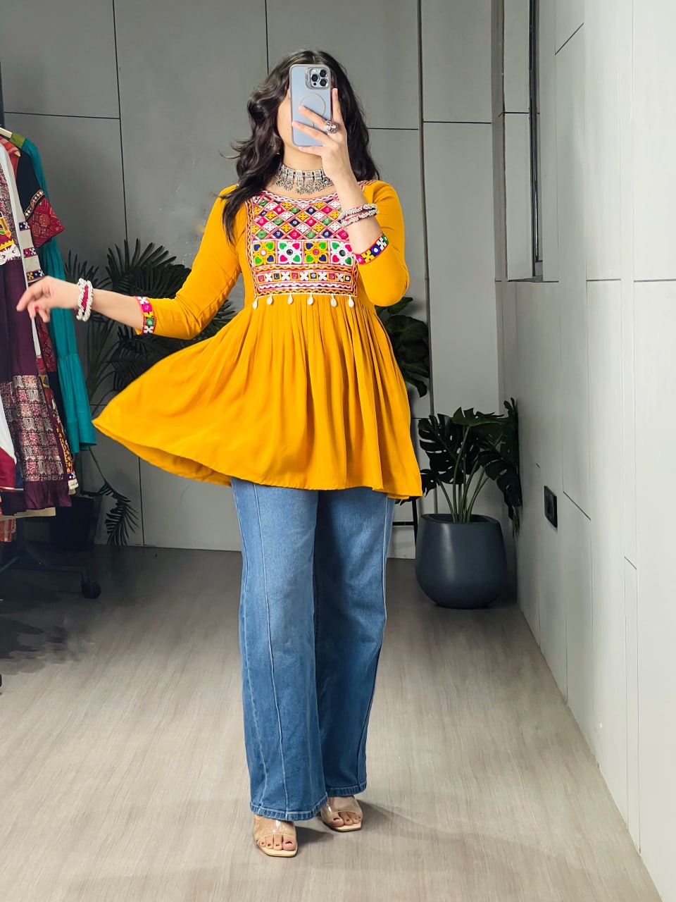 Mustard Pure Rayon Cotton Gamthi Work & Gota Pati Work Readymade Kurti With Top