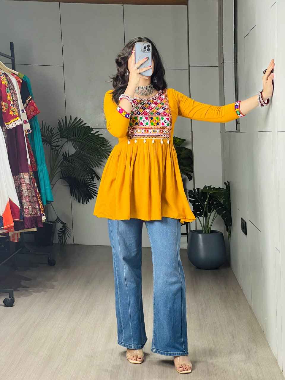 Mustard Pure Rayon Cotton Gamthi Work & Gota Pati Work Readymade Kurti With Top