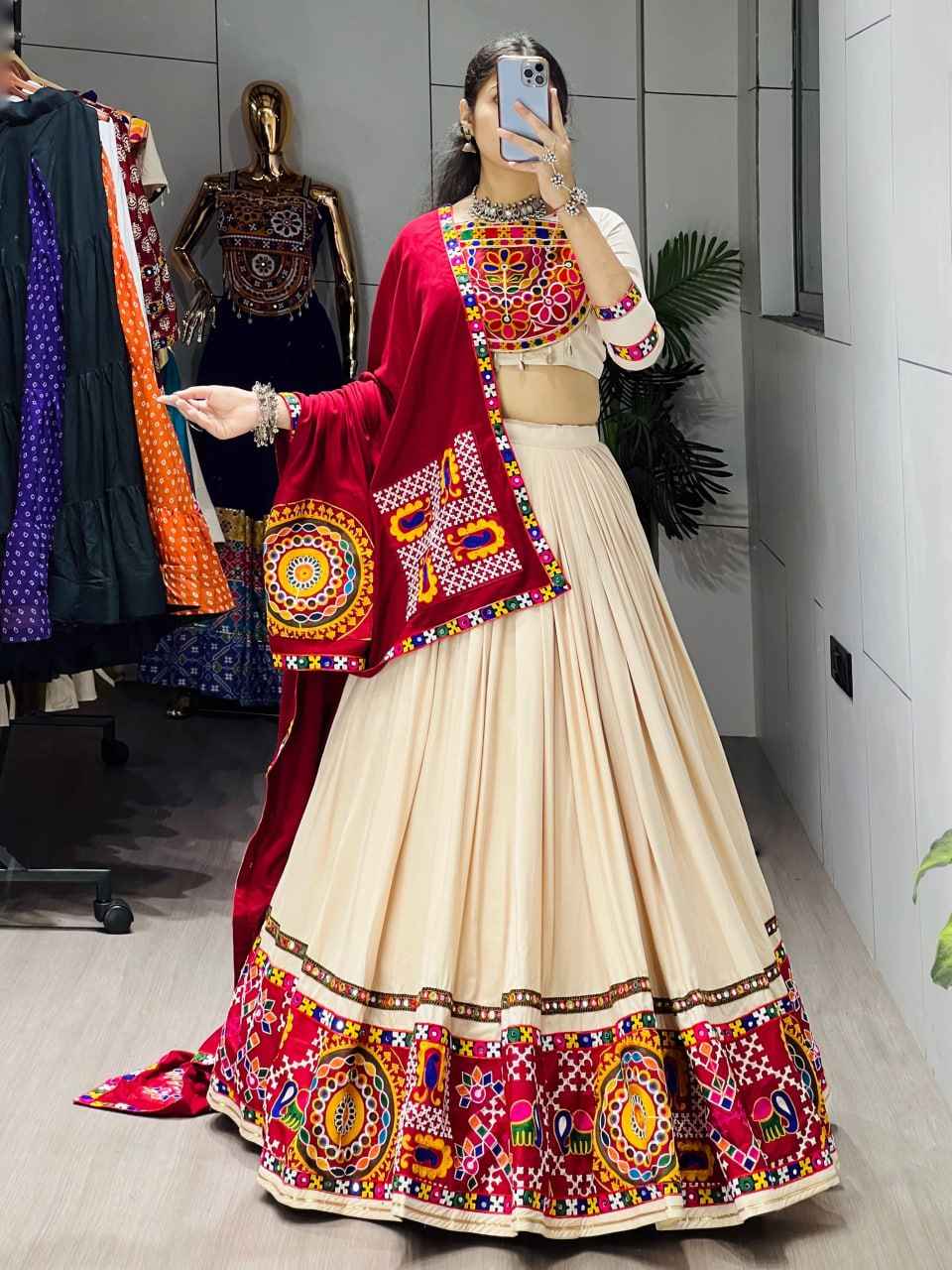 Cream Pure Rayon Cotton Plain With Frilled Navratri Lehenga Choli