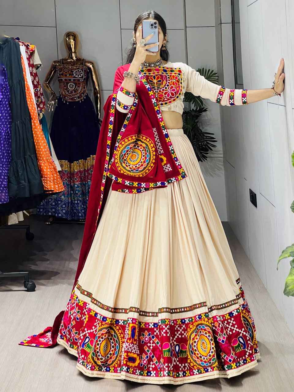 Cream Pure Rayon Cotton Plain With Frilled Navratri Lehenga Choli