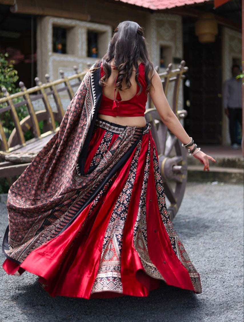 Maroon Pure Gaji Silk Real Mirror Work Ajrakh Block Prints Navratri Lehenga Choli