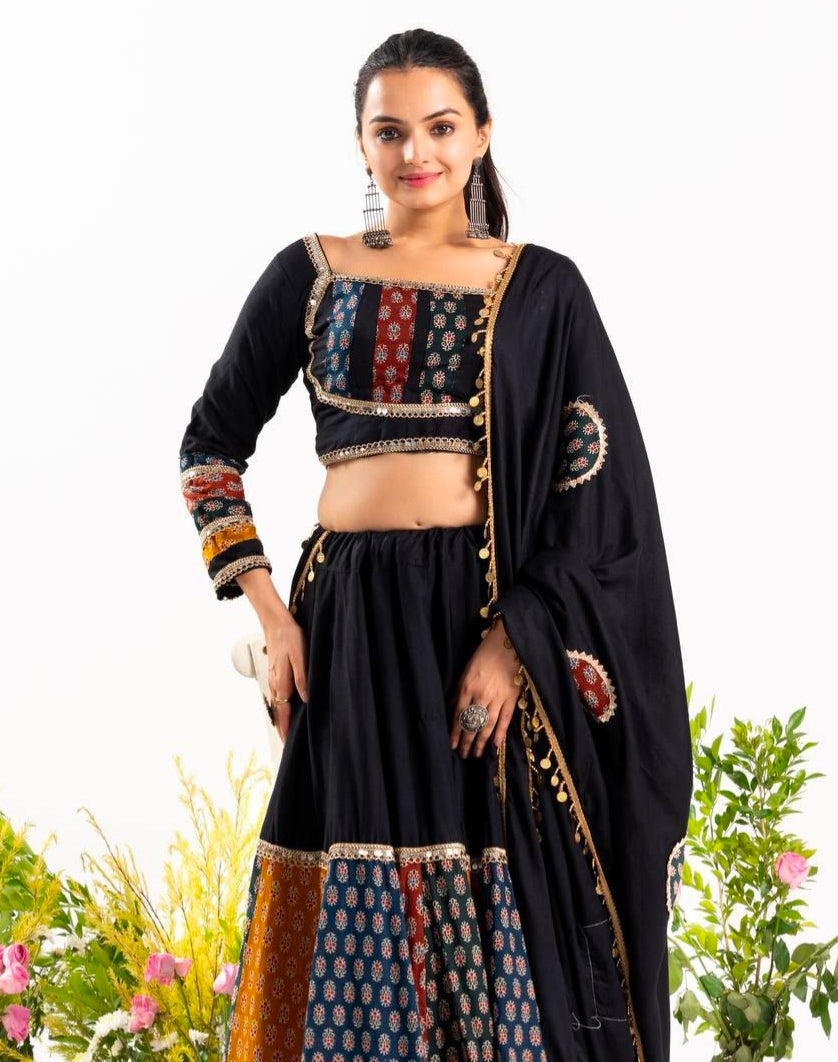 Black Pure Ajrakh Cotton Printed With Real Mirror Work Navratri Lehenga Choli