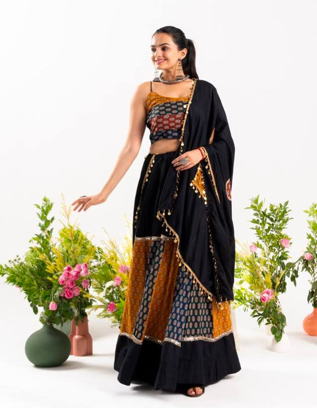 Black Pure Ajrakh Cotton Printed With Real Mirror Work Navratri Lehenga Choli
