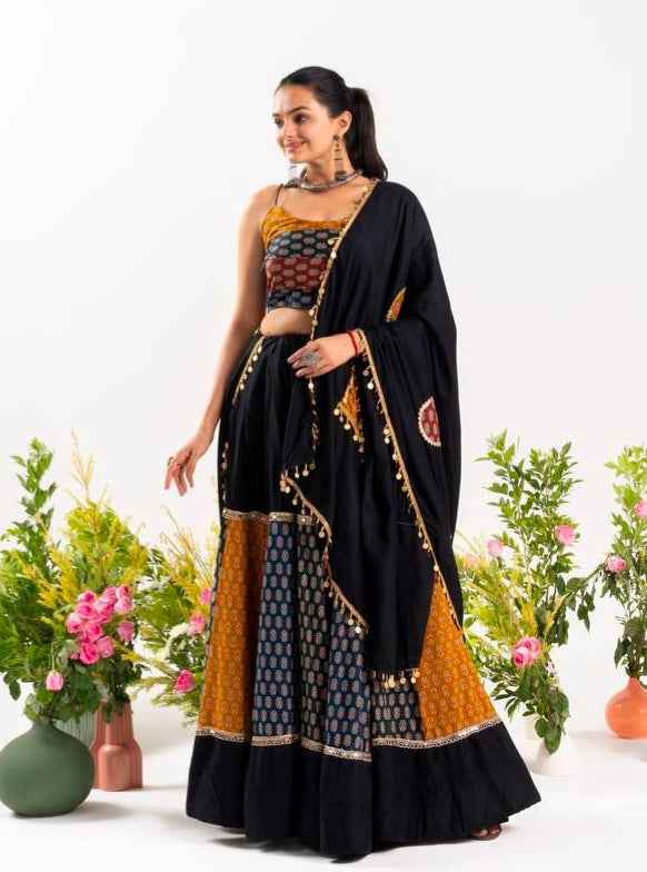Black Pure Ajrakh Cotton Printed With Real Mirror Work Navratri Lehenga Choli