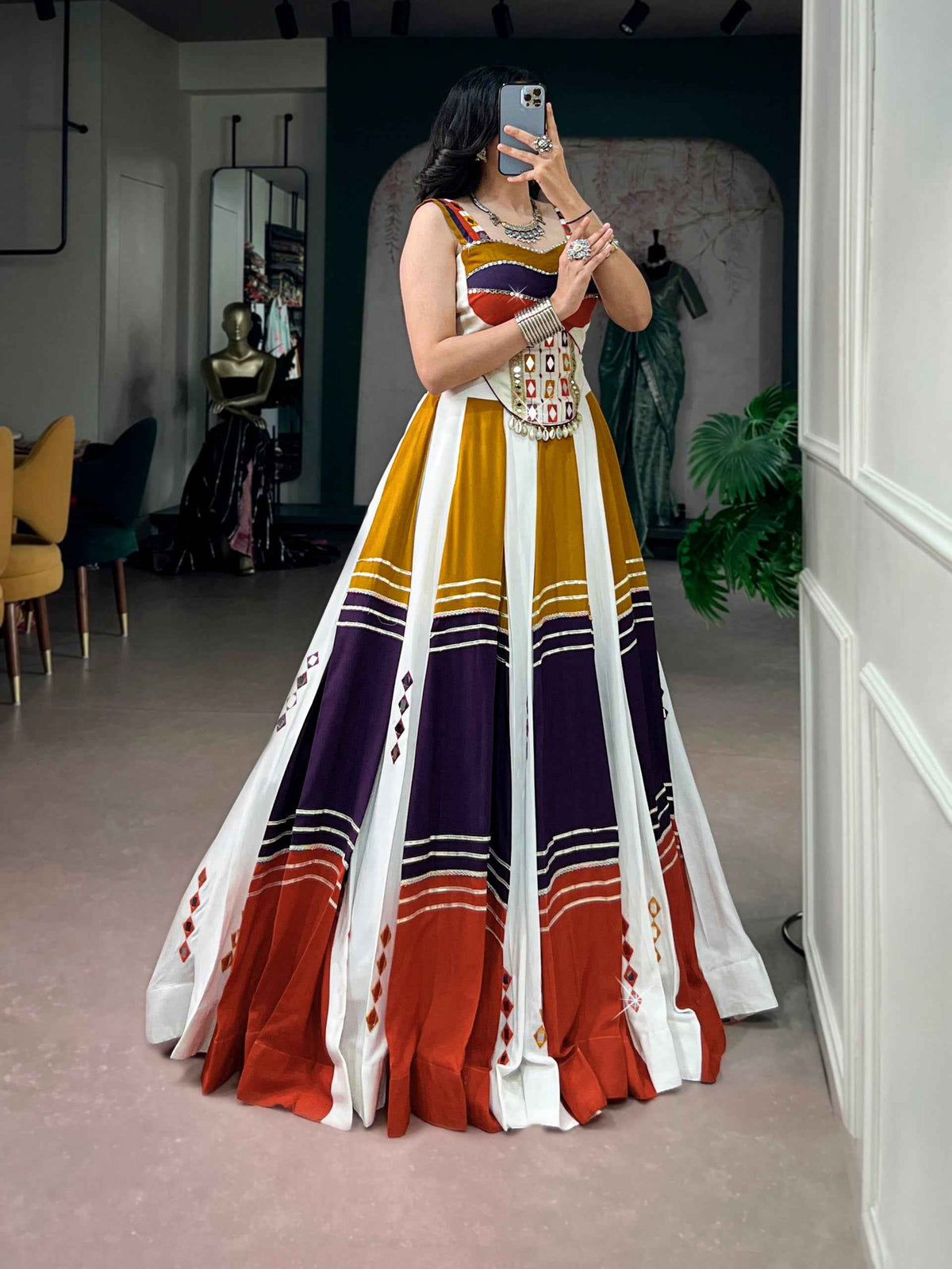 Multi Pure Cotton Plain With Gamthi Work Navratri Lehenga Choli