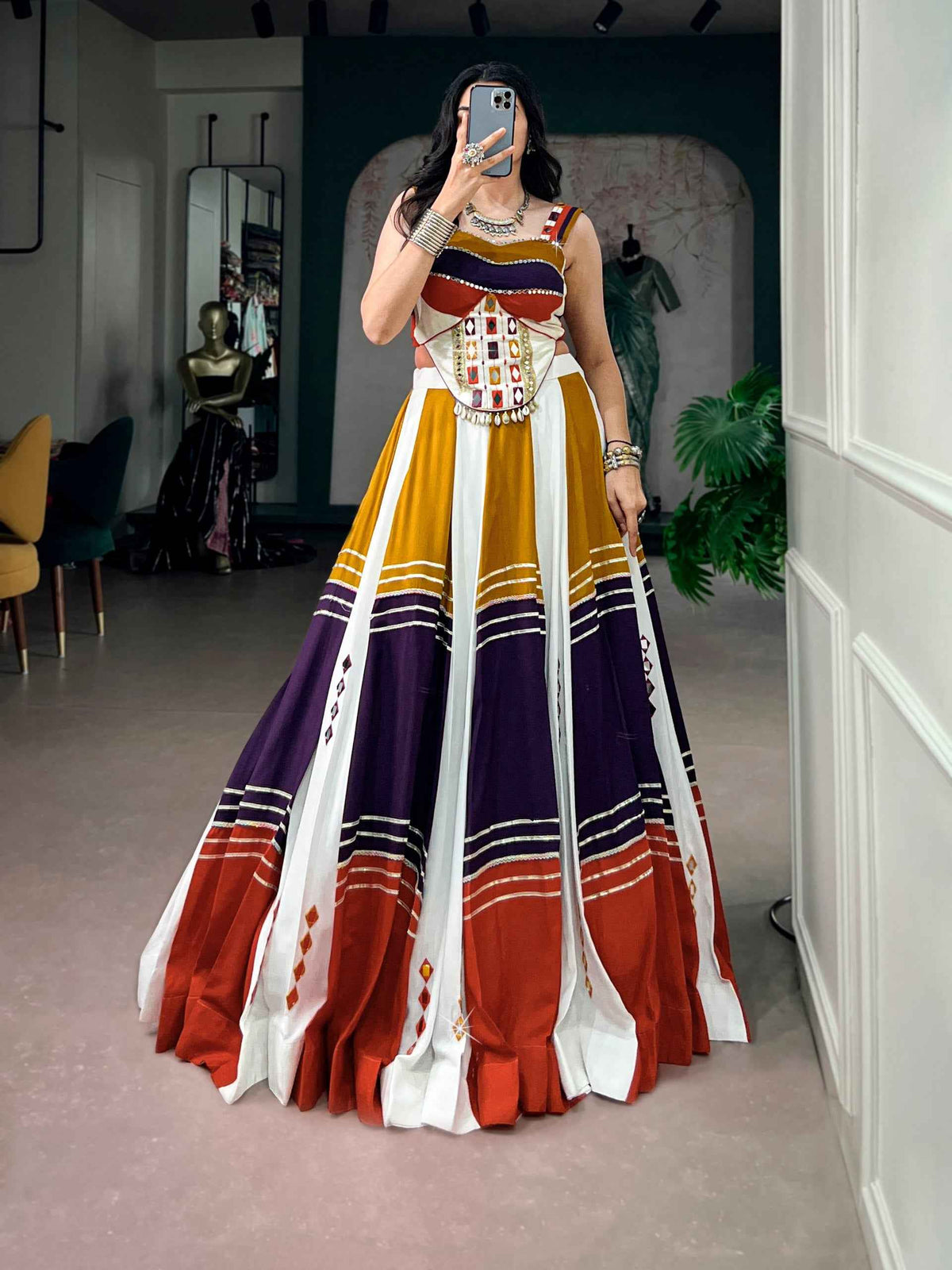 Multi Pure Cotton Plain With Gamthi Work Navratri Lehenga Choli