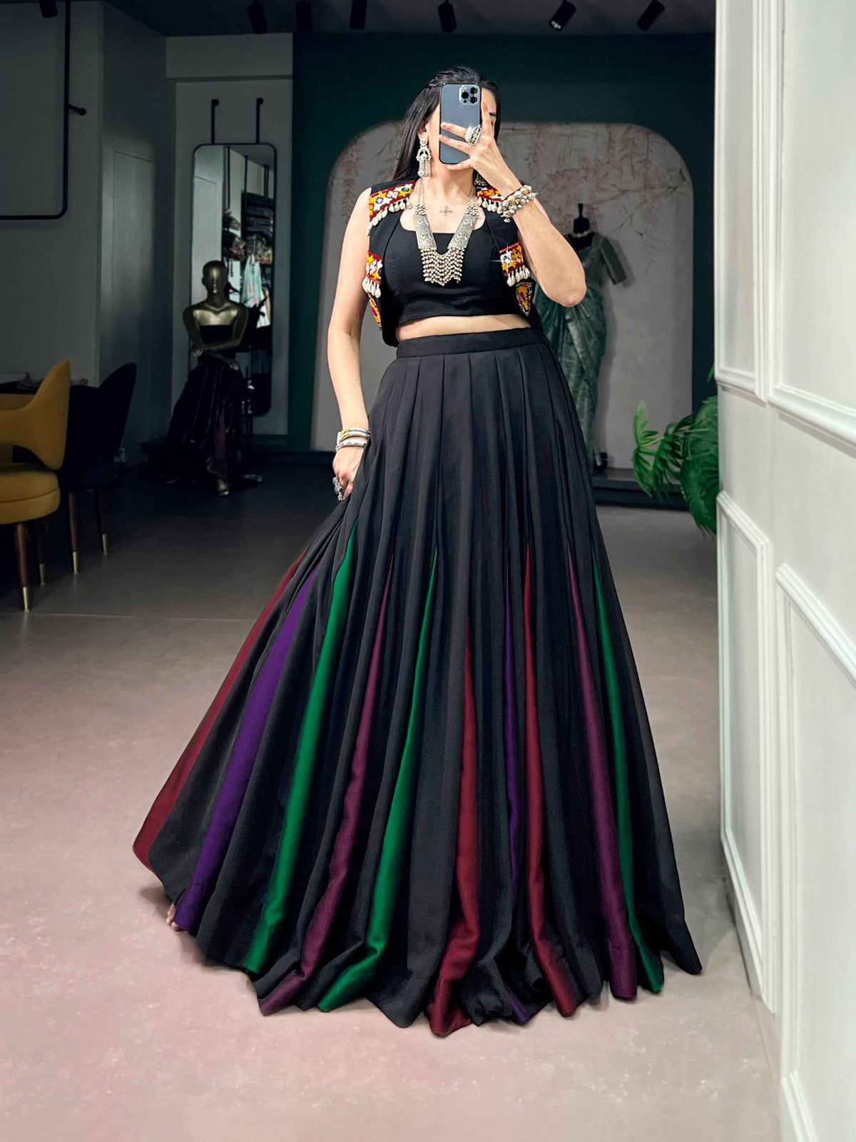 Black Pure Cotton Plain With Gamthi Work Navratri Lehenga Choli