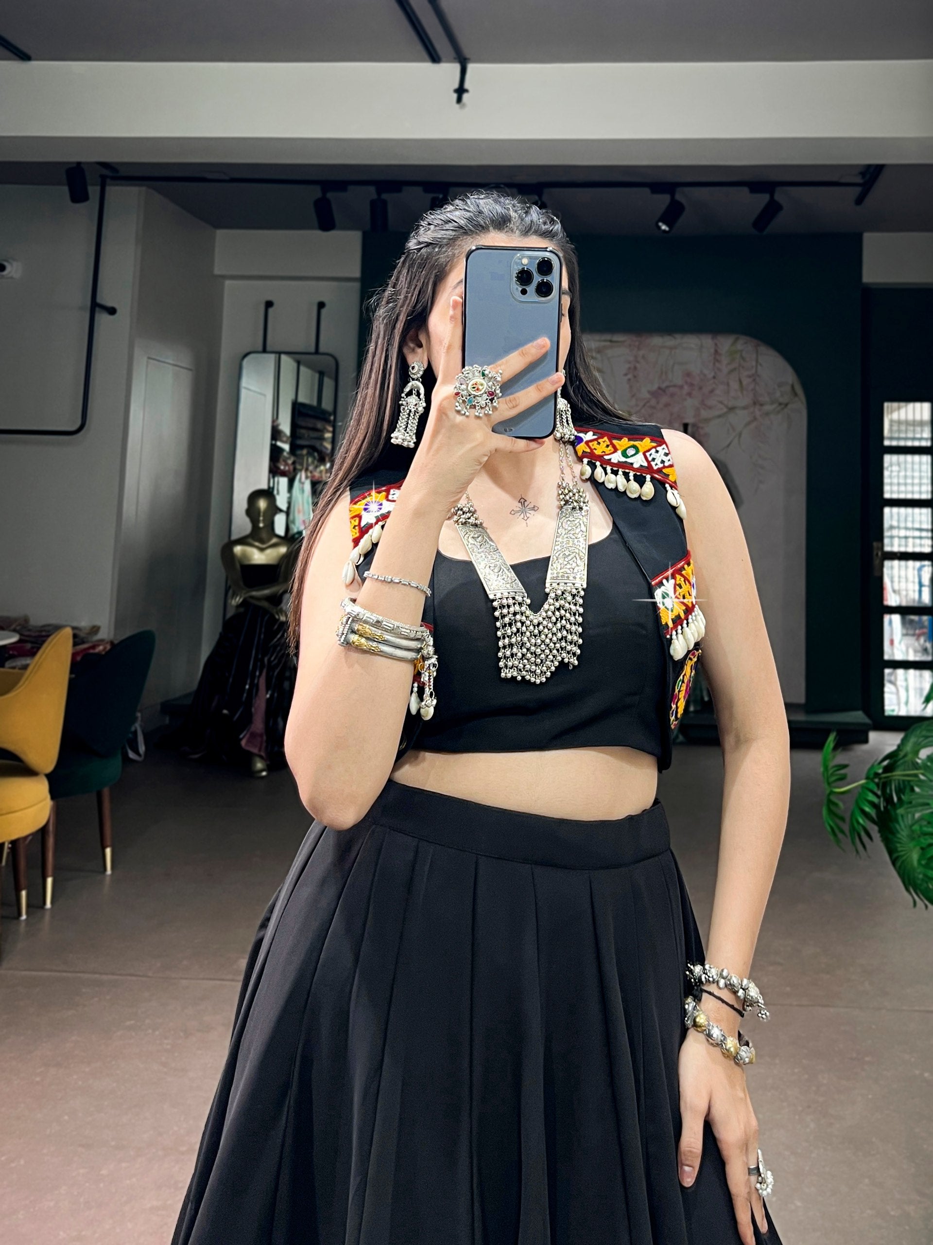 Black Pure Cotton Plain With Gamthi Work Navratri Lehenga Choli