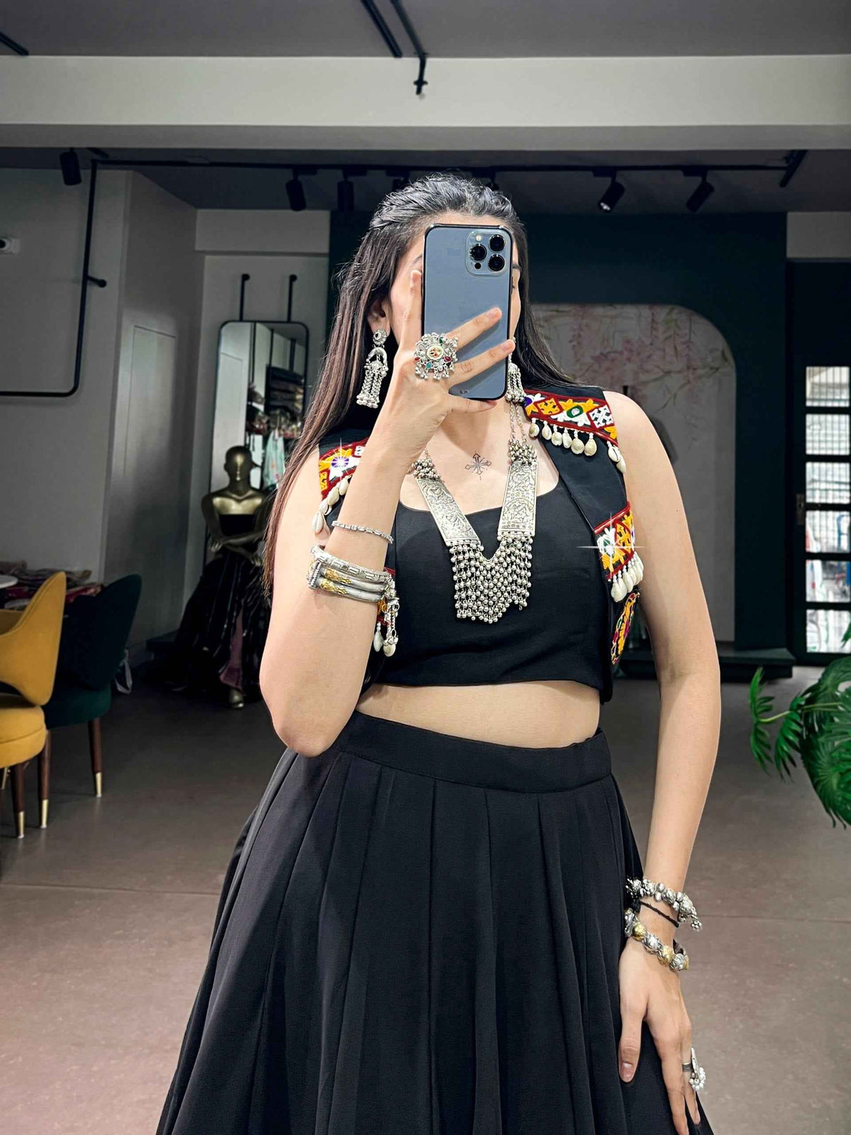 Black Pure Cotton Plain With Gamthi Work Navratri Lehenga Choli