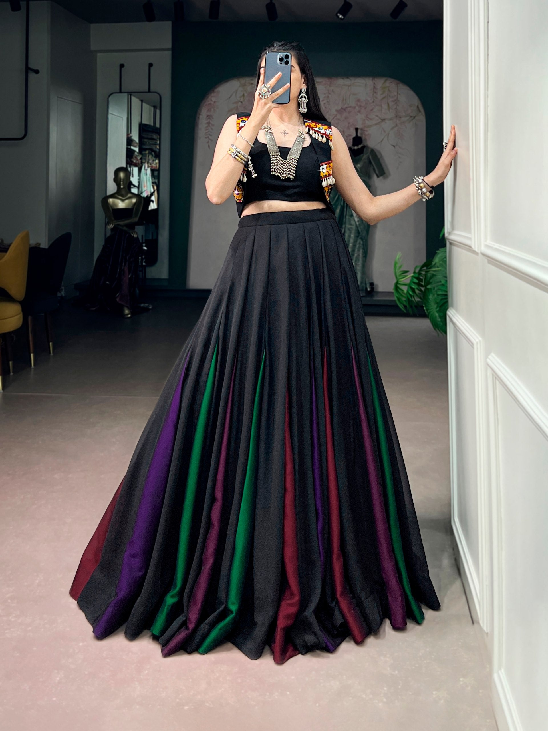 Black Pure Cotton Plain With Gamthi Work Navratri Lehenga Choli