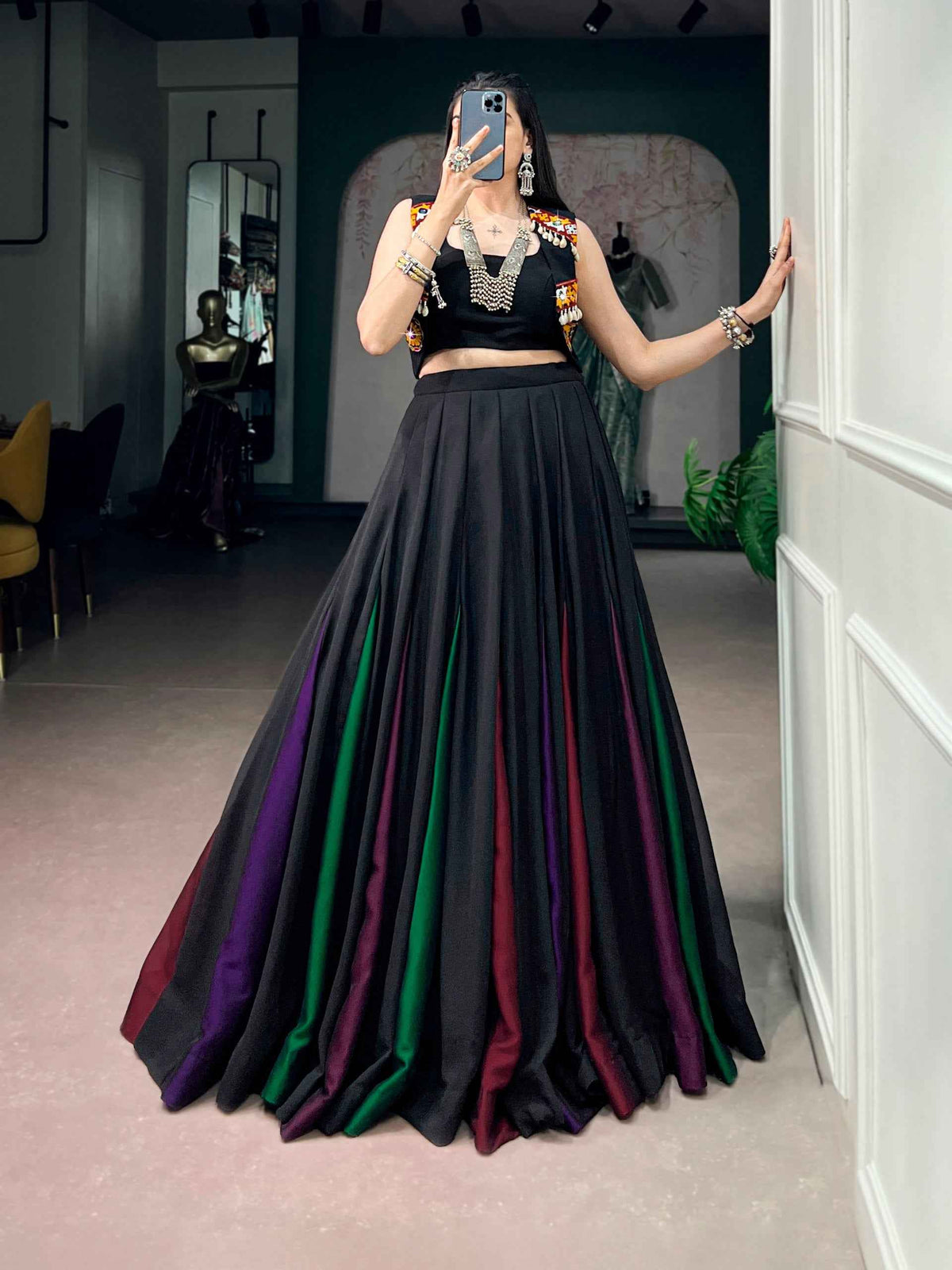 Black Pure Cotton Plain With Gamthi Work Navratri Lehenga Choli