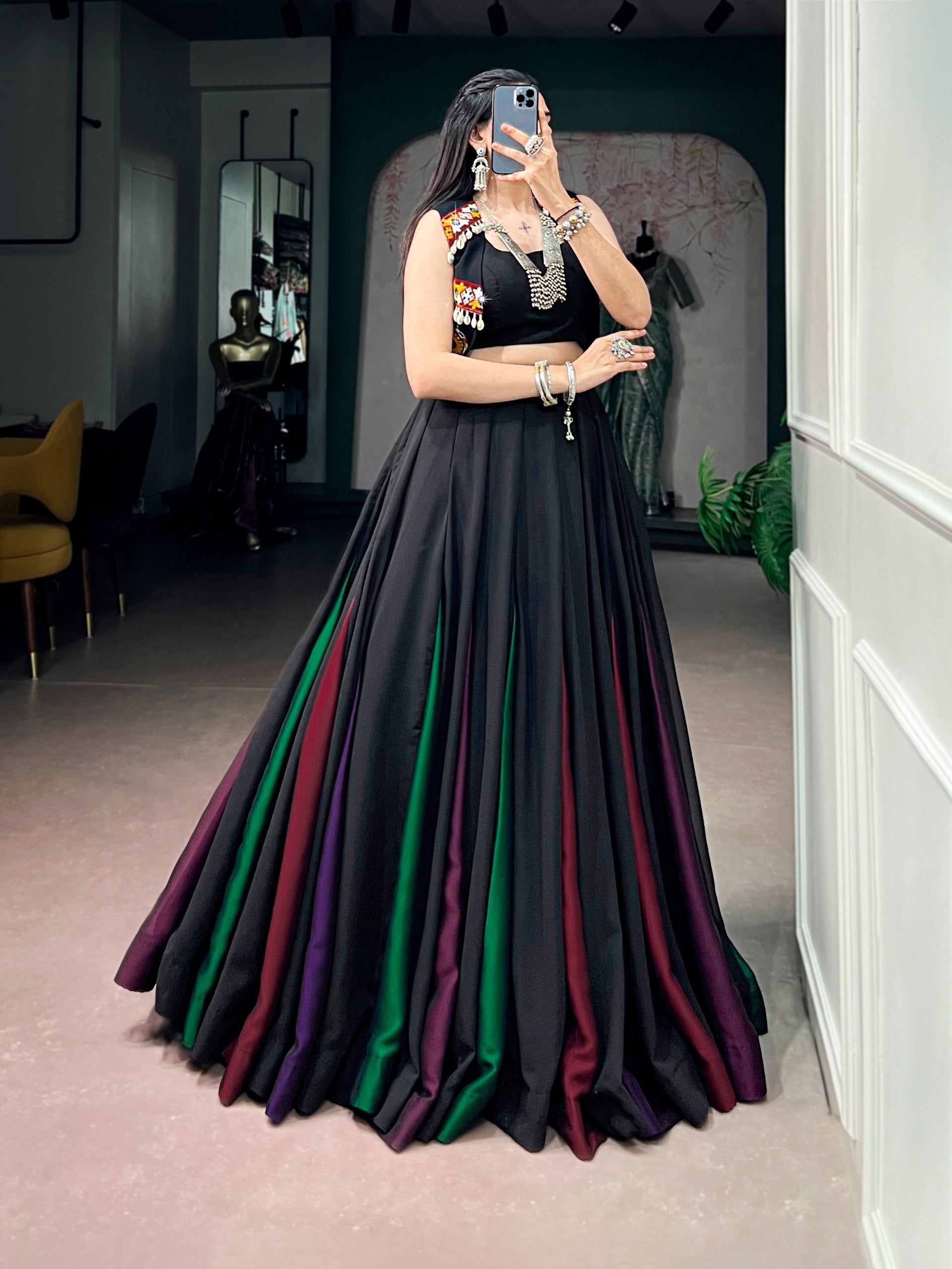 Black Pure Cotton Plain With Gamthi Work Navratri Lehenga Choli