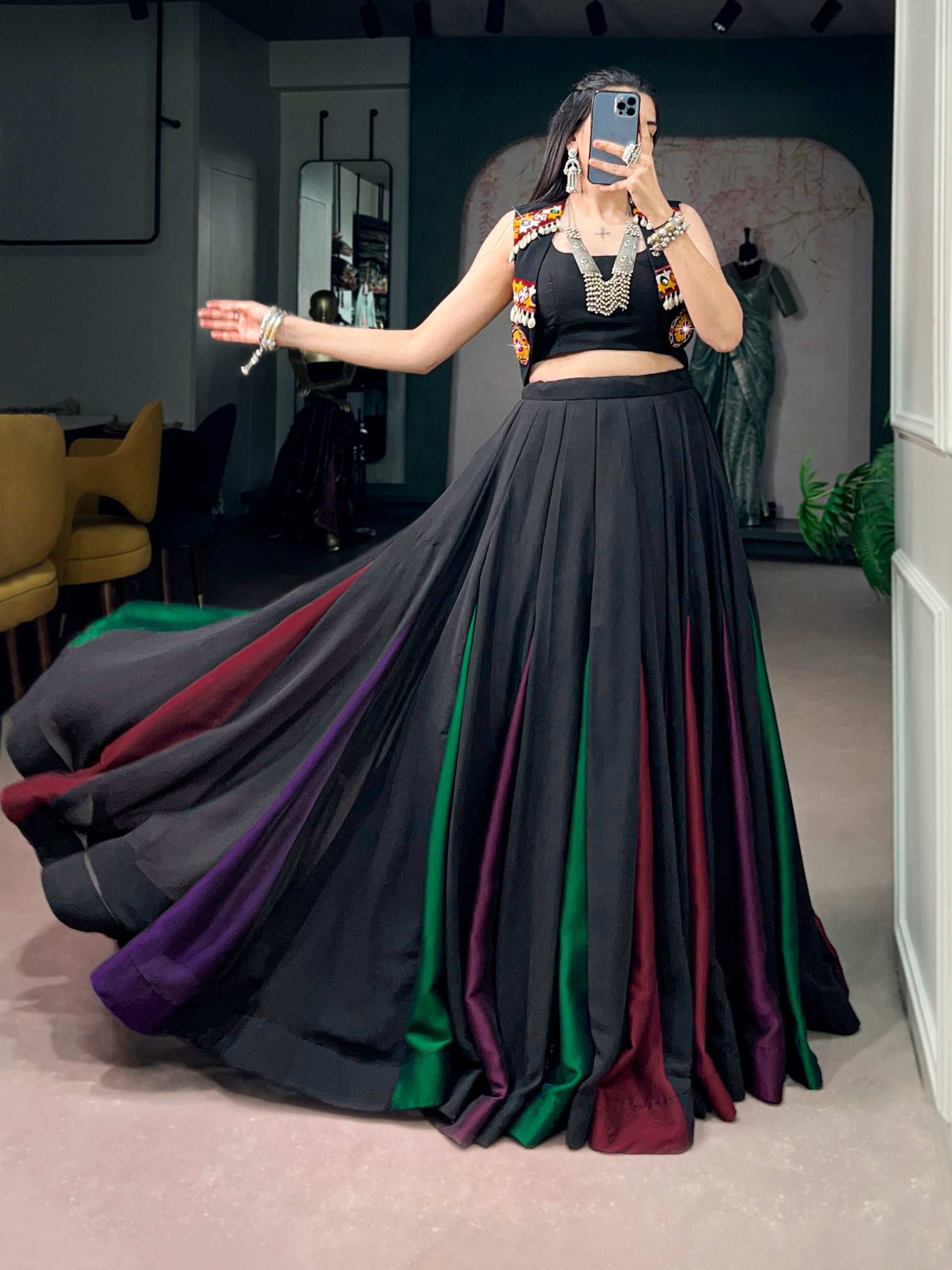Black Pure Cotton Plain With Gamthi Work Navratri Lehenga Choli