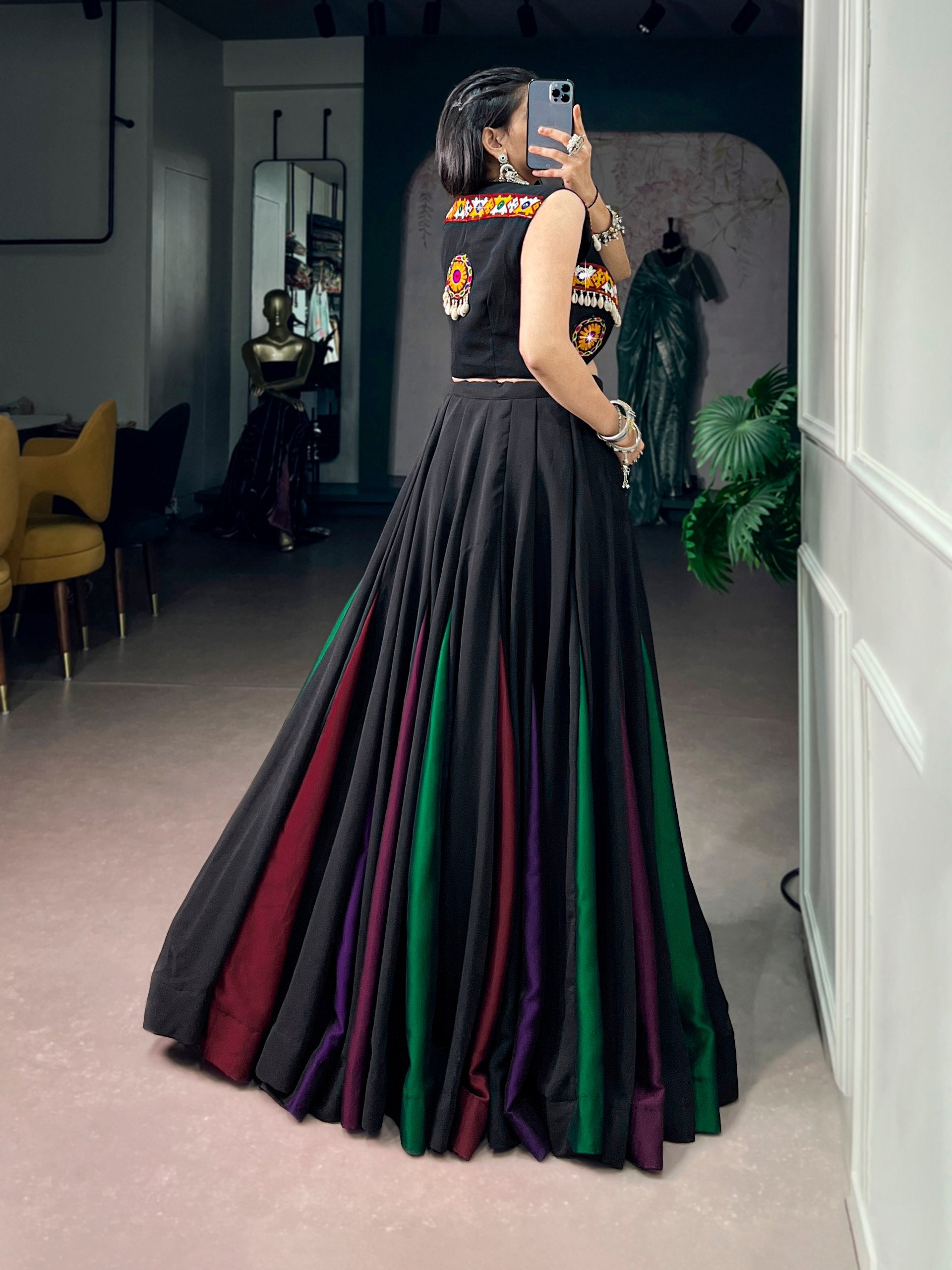 Black Pure Cotton Plain With Gamthi Work Navratri Lehenga Choli
