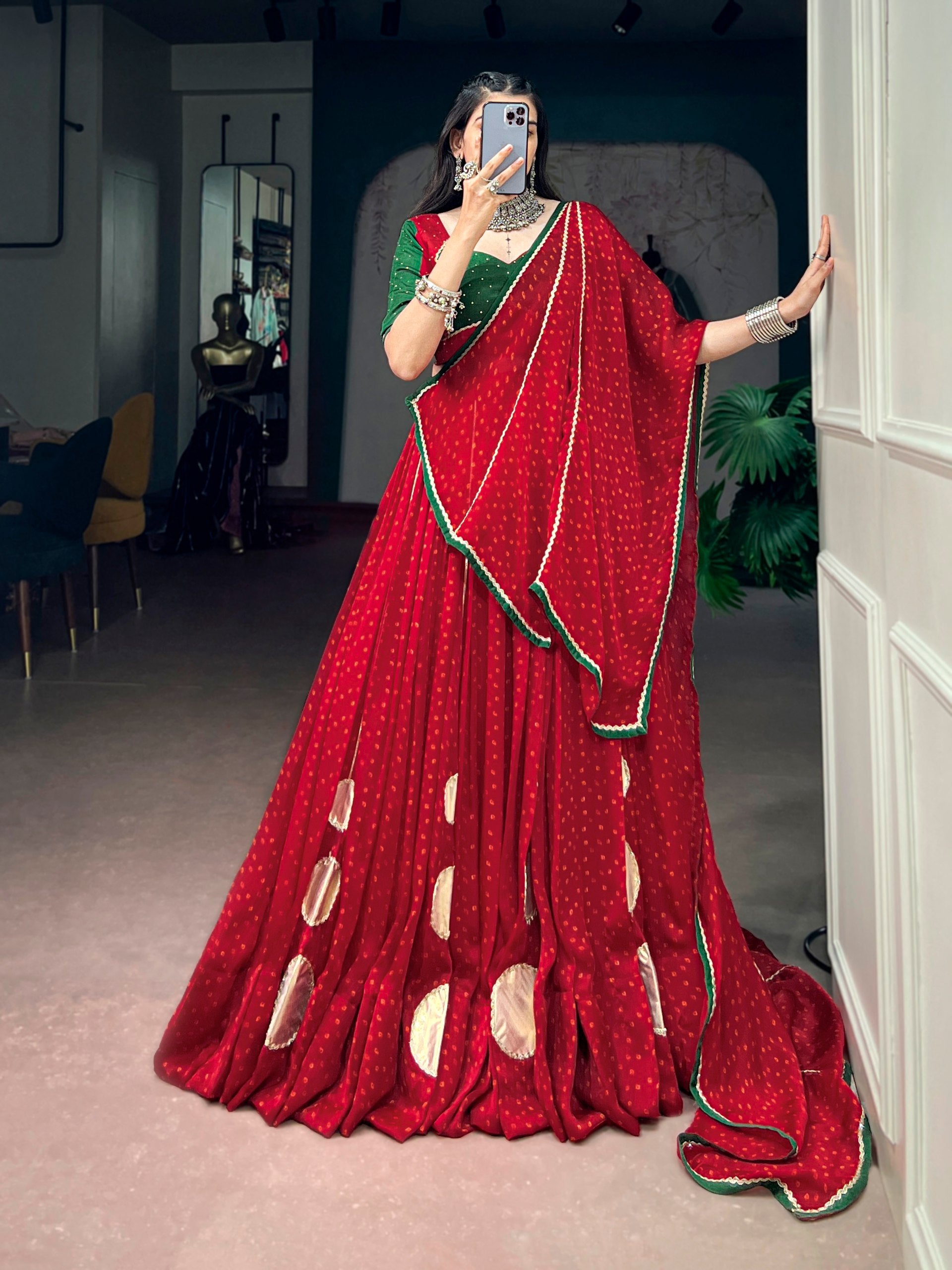 Red Pure Bandhej Print on Satin Chiffon Gamthi Work Navratri Lehenga Choli