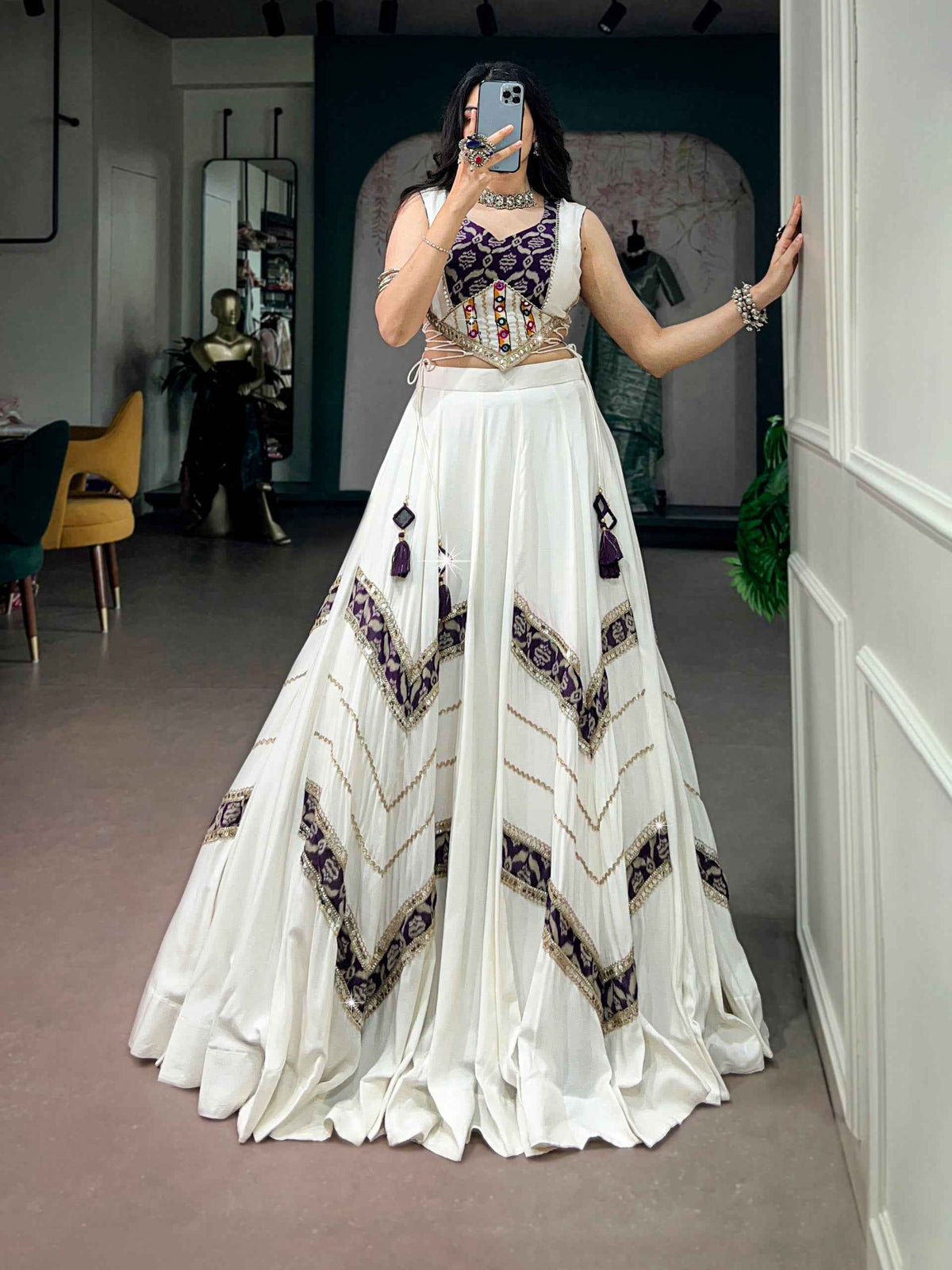 White Pure Reyon Cotton Printed Gamthi Work Navratri Lehenga Choli