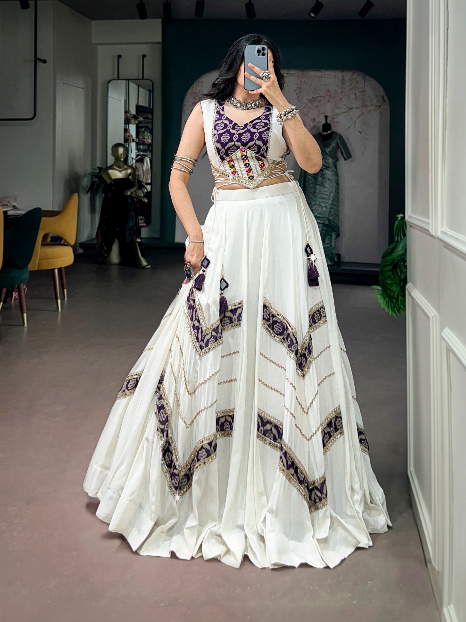 White Pure Reyon Cotton Printed Gamthi Work Navratri Lehenga Choli