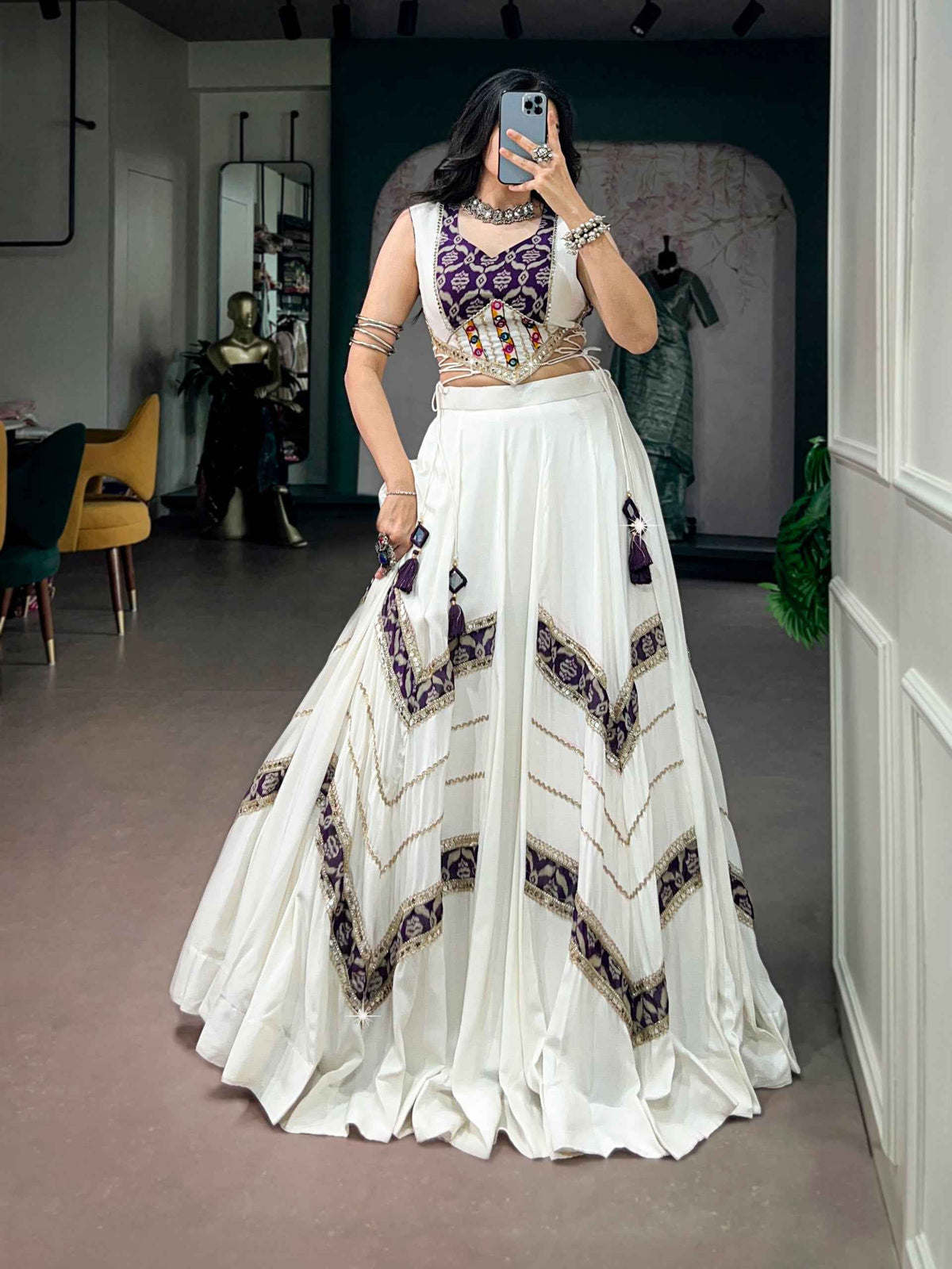 White Pure Reyon Cotton Printed Gamthi Work Navratri Lehenga Choli
