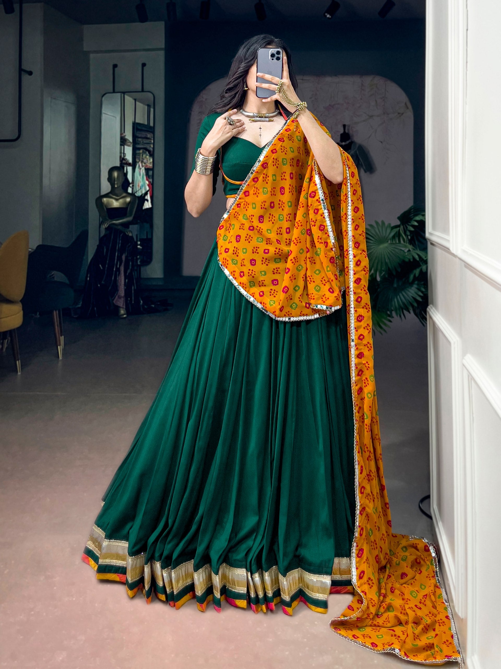 Green Pure Soft Chinon Printed Gamthi Work Navratri Lehenga Choli