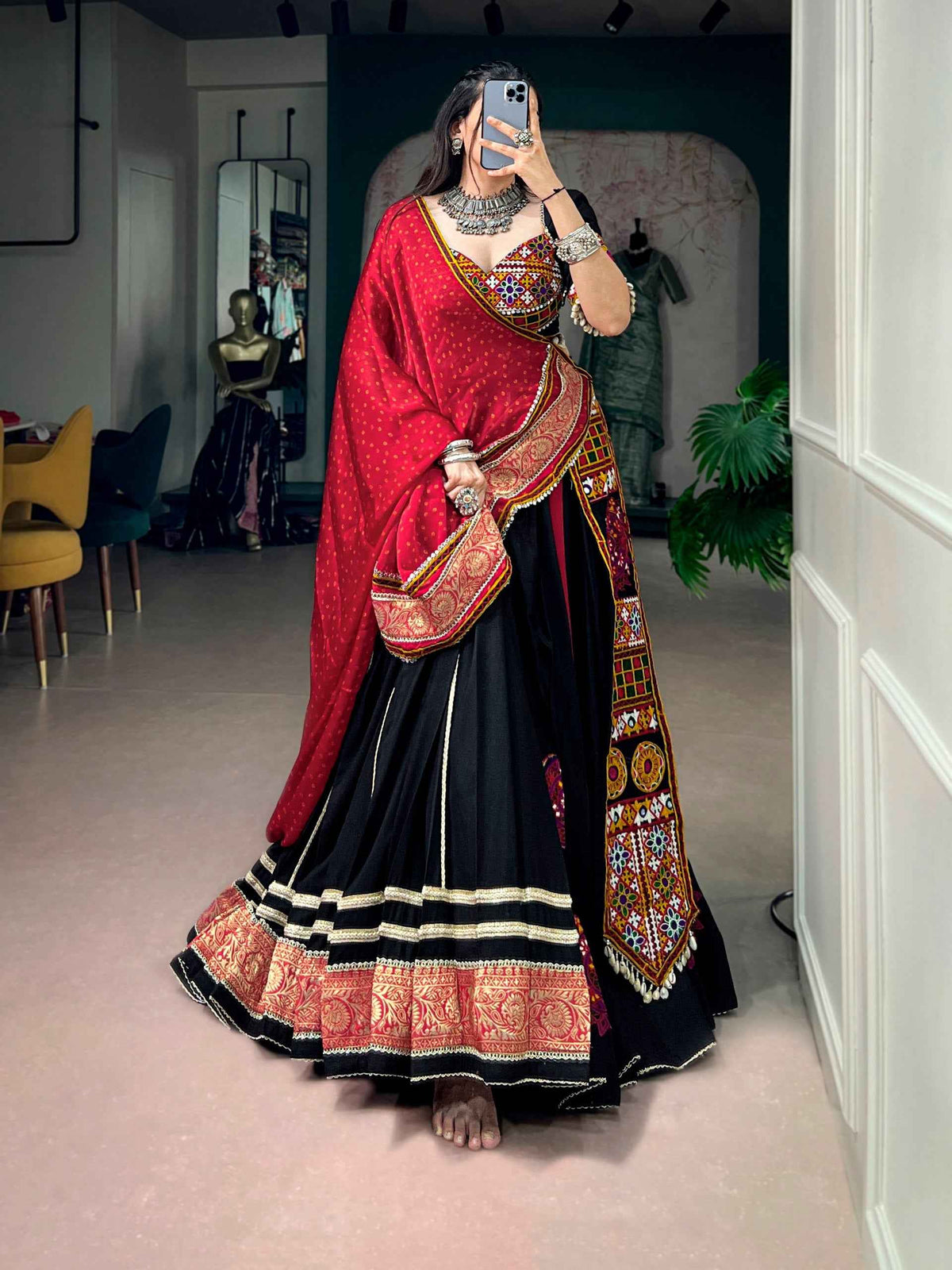 Black Pure Reyon Cotton Kutchi Gamthi Work Navratri Lehenga Choli