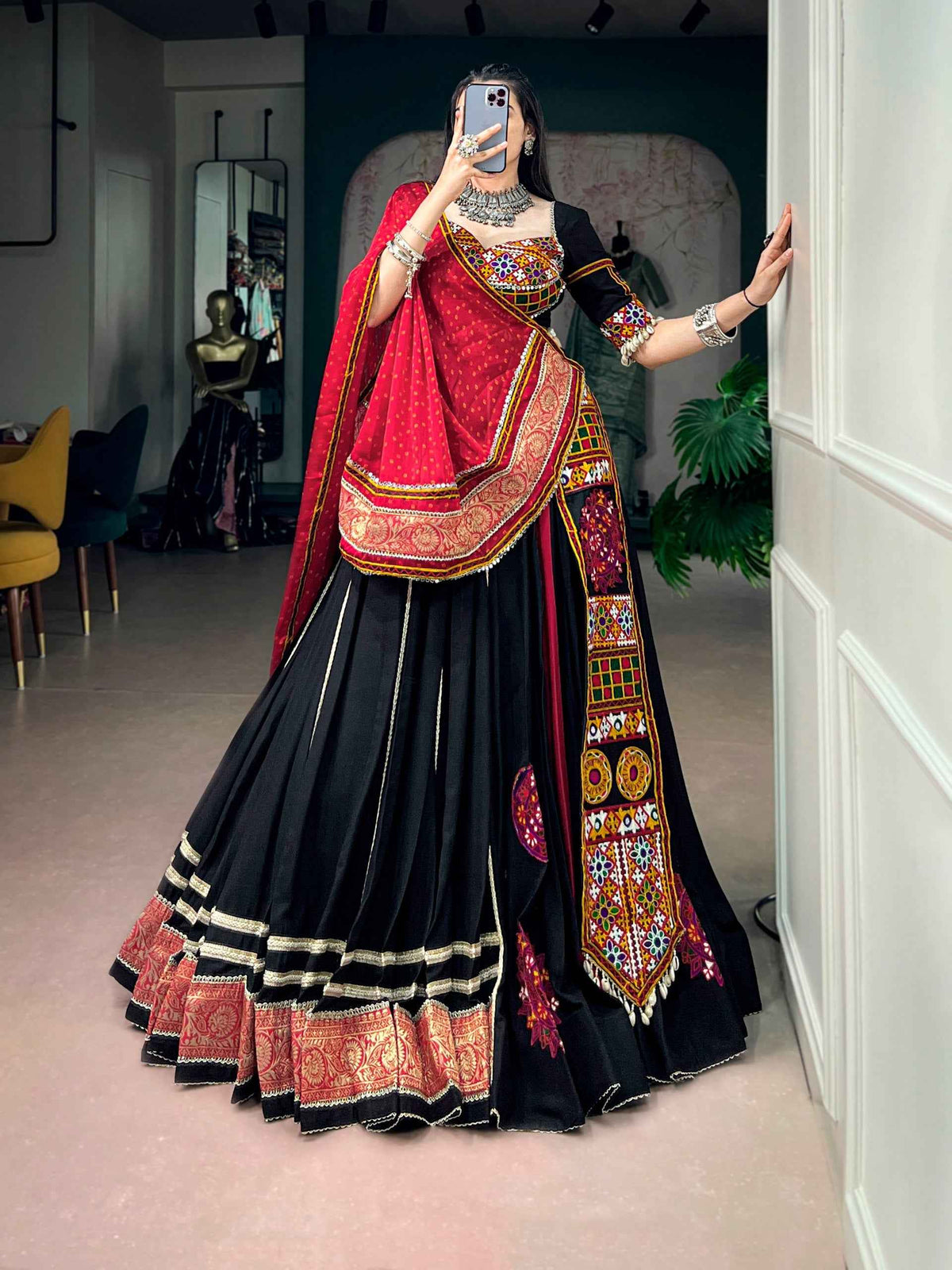 Black Pure Reyon Cotton Kutchi Gamthi Work Navratri Lehenga Choli