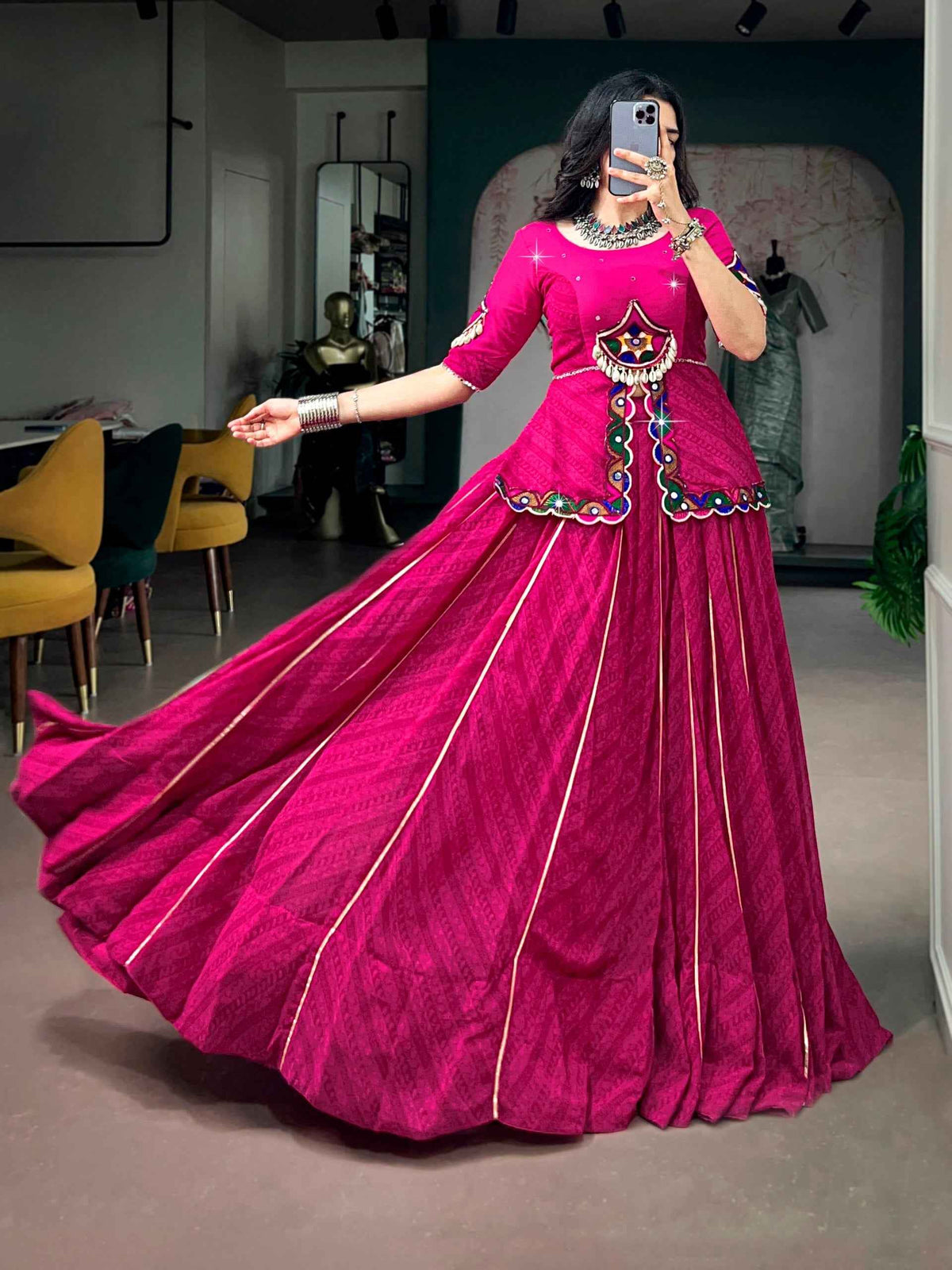 Rani Pure Georgette Printed Gamthi Work Navratri Lehenga Choli