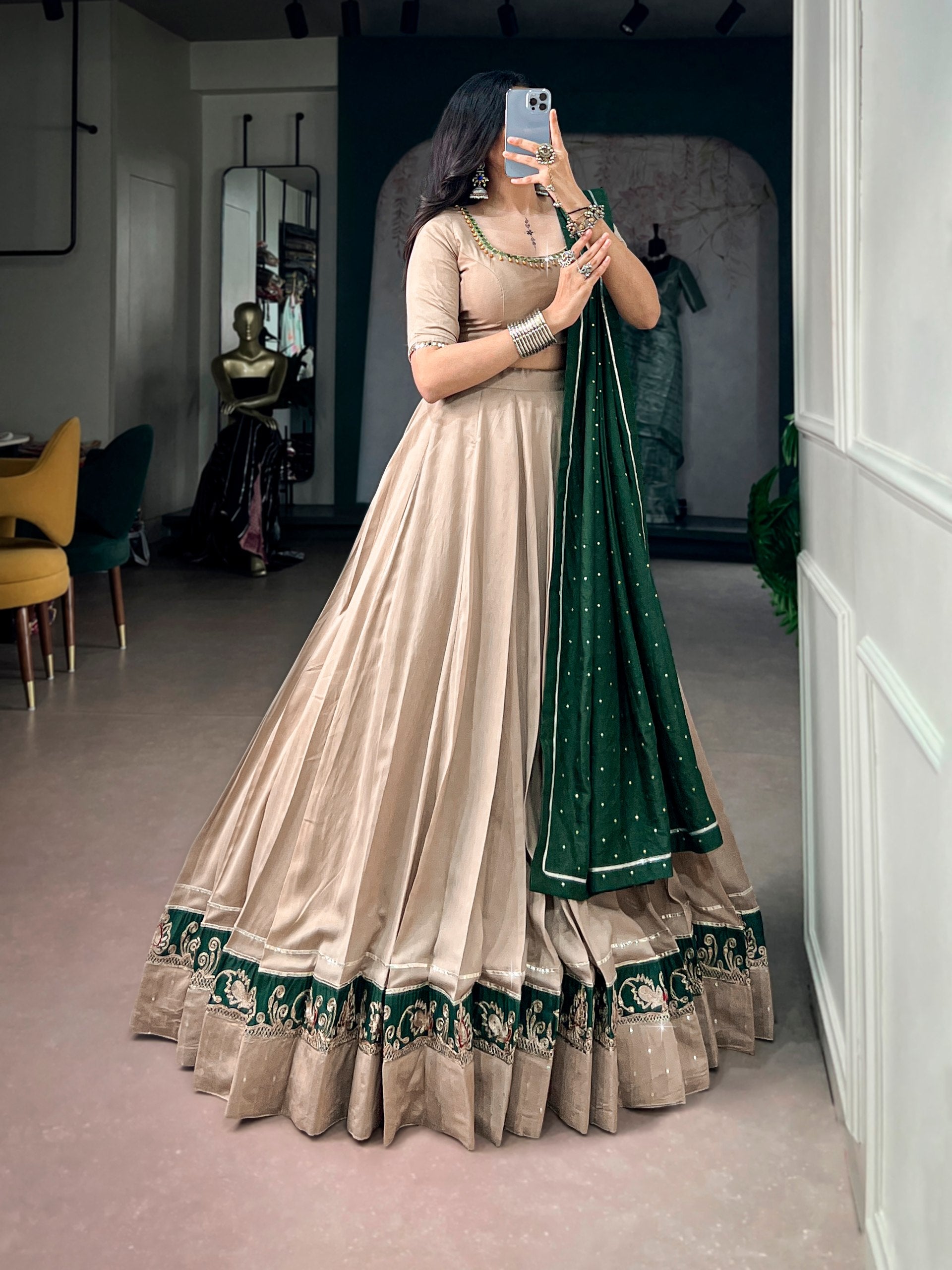 Chiku Pure Chanderi Printed Gamthi Work Navratri Lehenga Choli