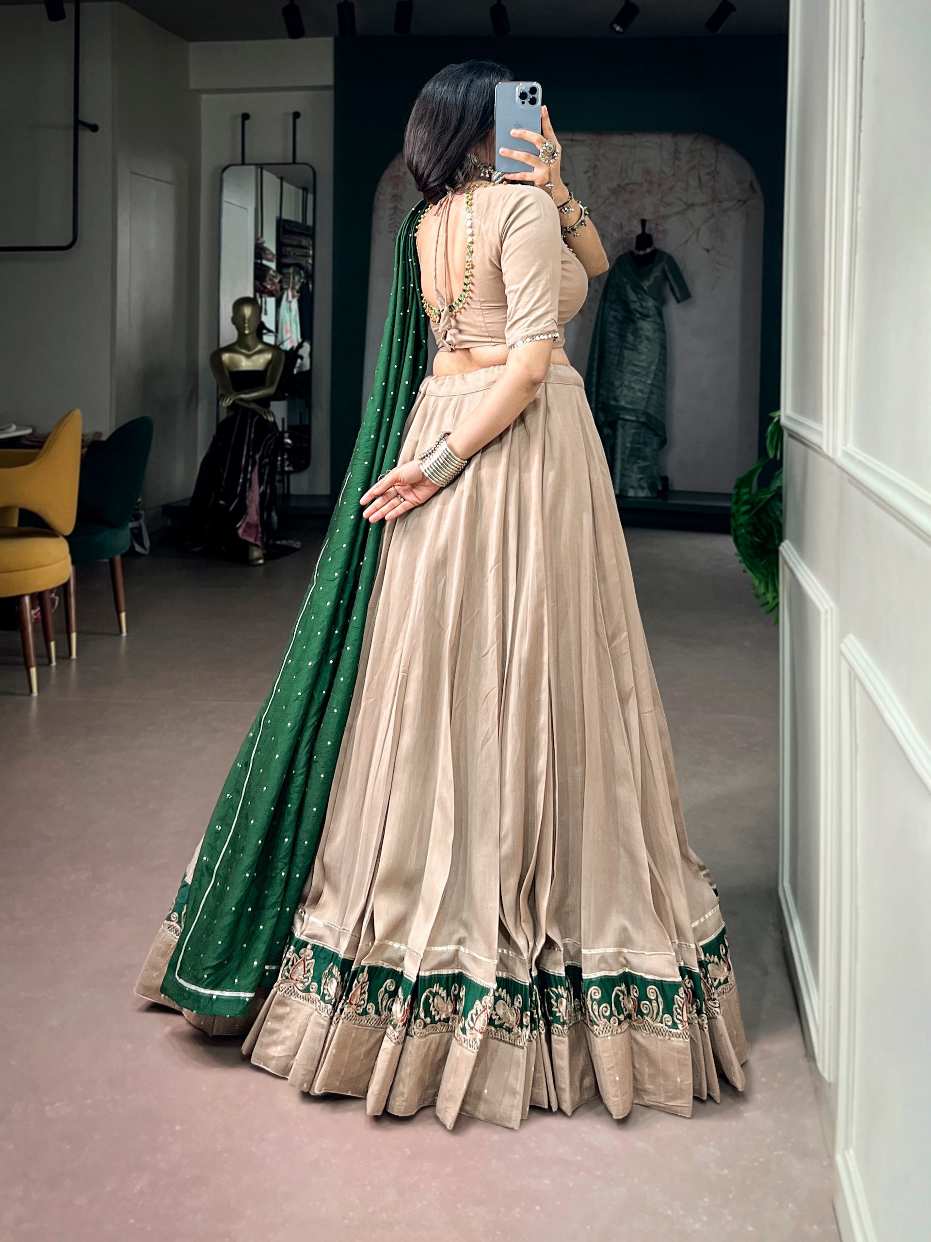 Chiku Pure Chanderi Printed Gamthi Work Navratri Lehenga Choli
