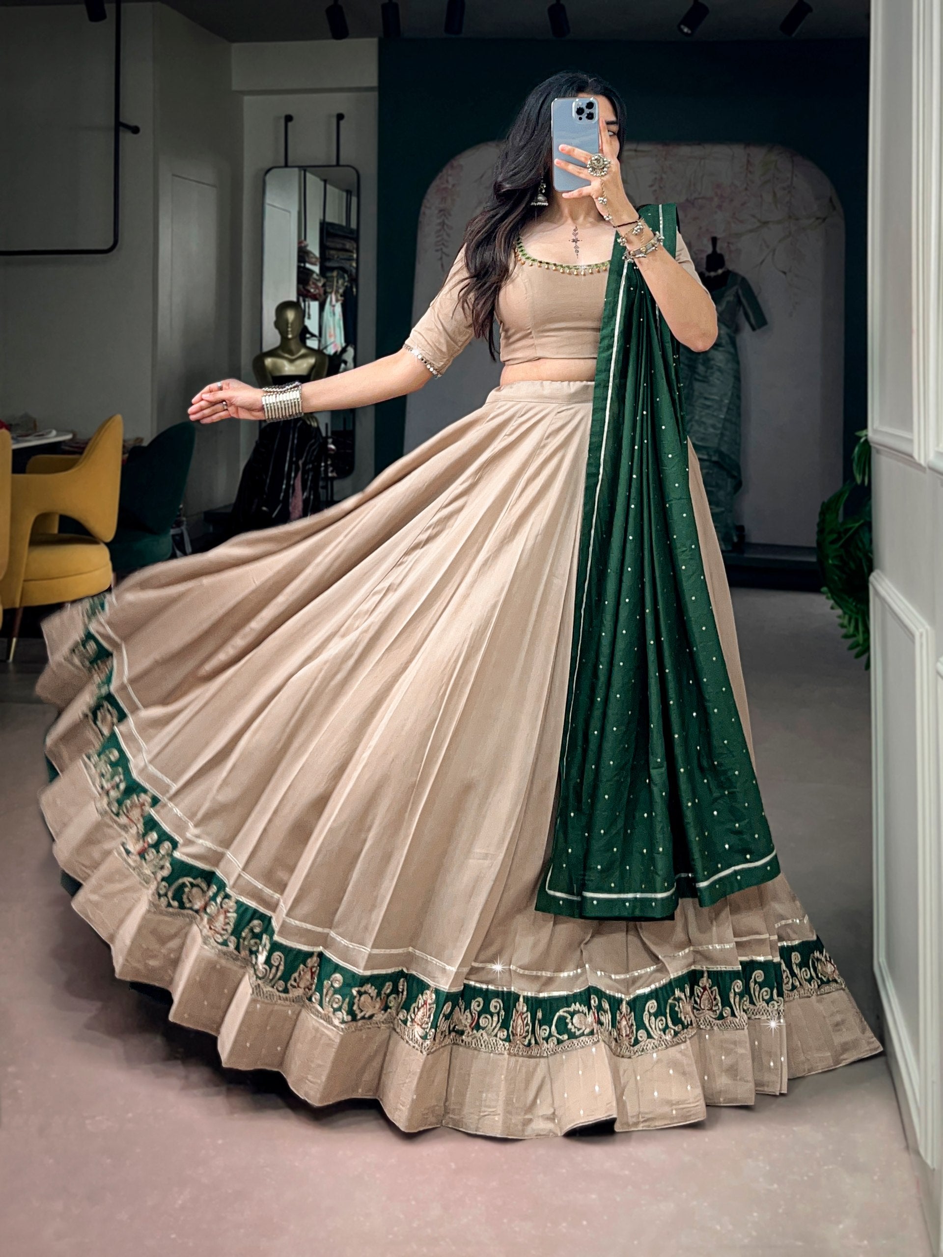 Chiku Pure Chanderi Printed Gamthi Work Navratri Lehenga Choli