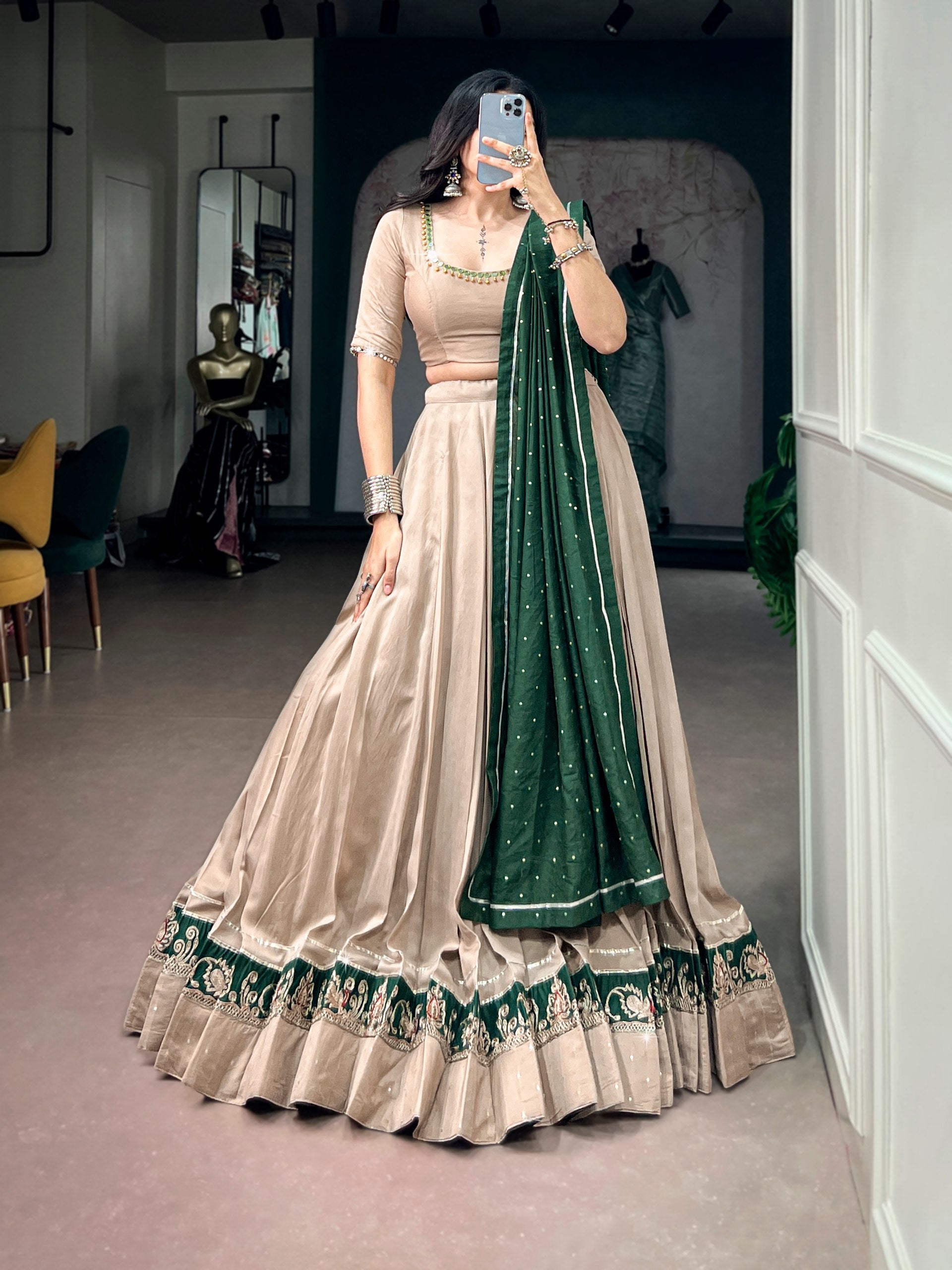 Chiku Pure Chanderi Printed Gamthi Work Navratri Lehenga Choli