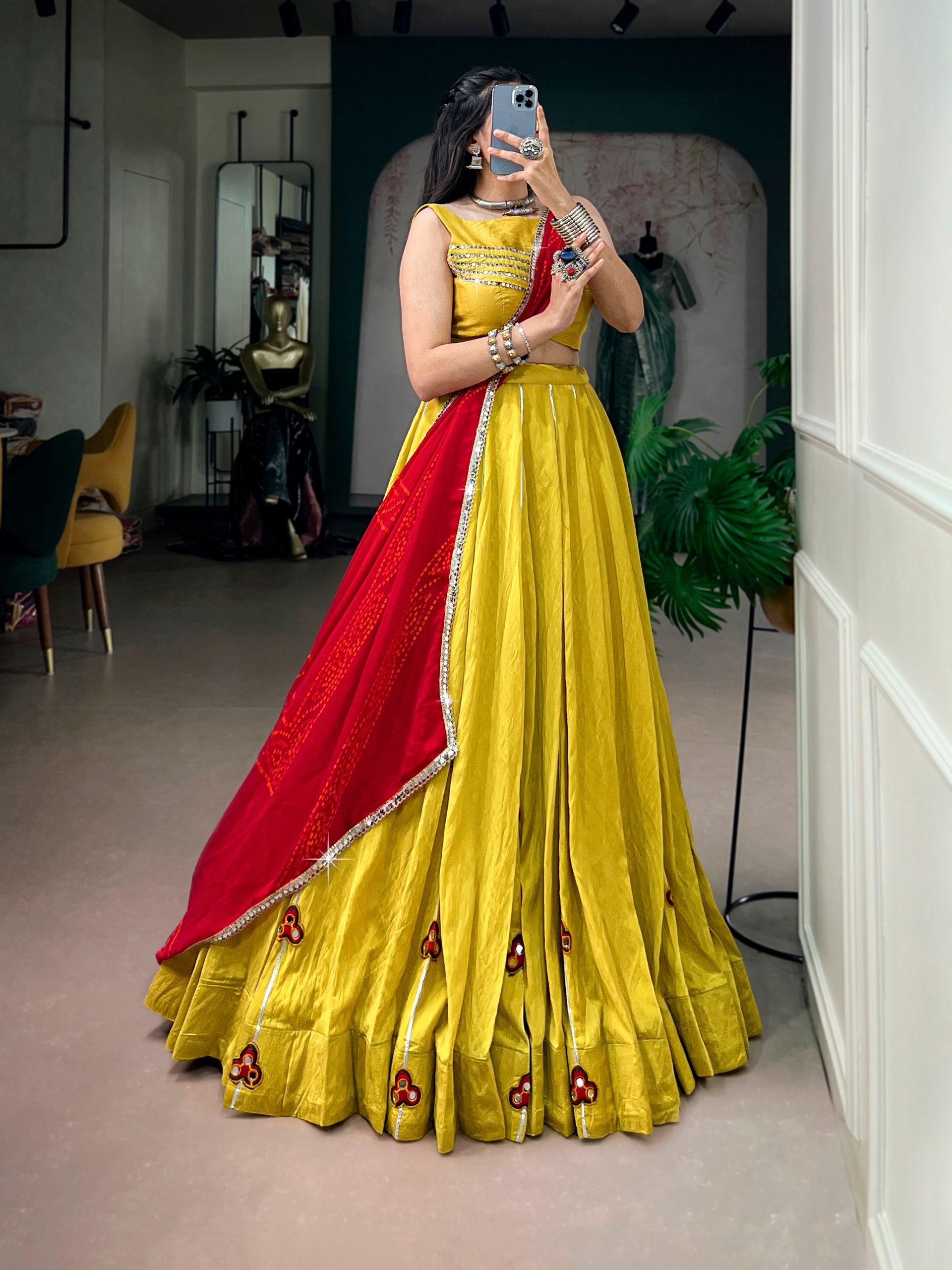 Yellow Pure Chanderi Gotta Patti Gamthi Work Navratri Lehenga Choli