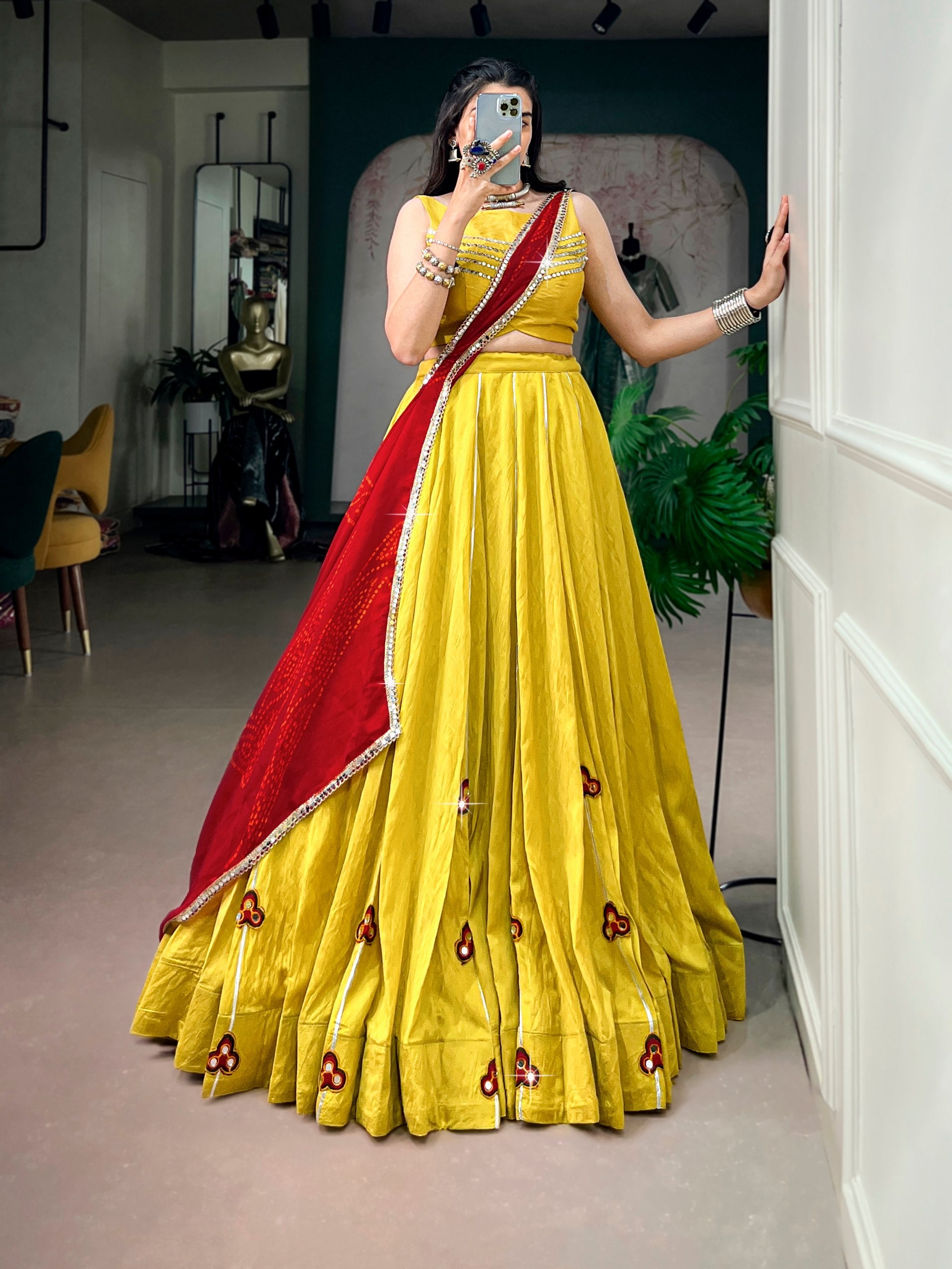 Yellow Pure Chanderi Gotta Patti Gamthi Work Navratri Lehenga Choli