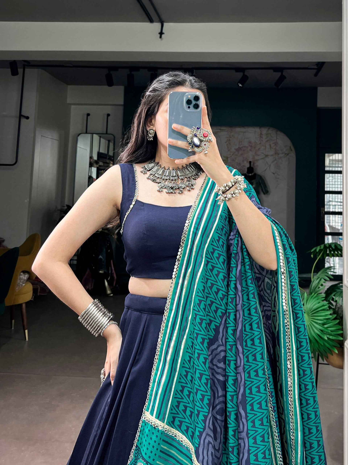 Navy Blue Pure Rayon Gotta Patti Gamthi Work Navratri Lehenga Choli