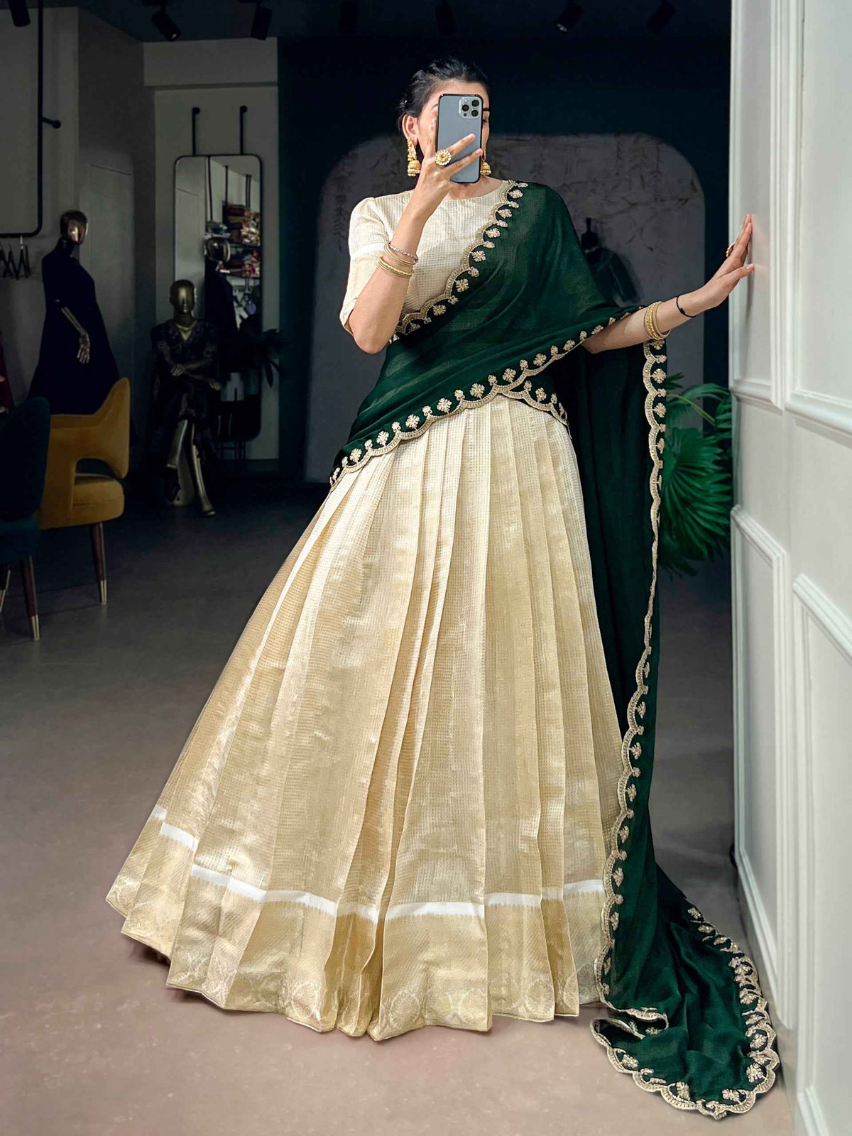 Green Pure Jacquard Chex With Rich Zari Weaving Work South Indian Lehenga Choli