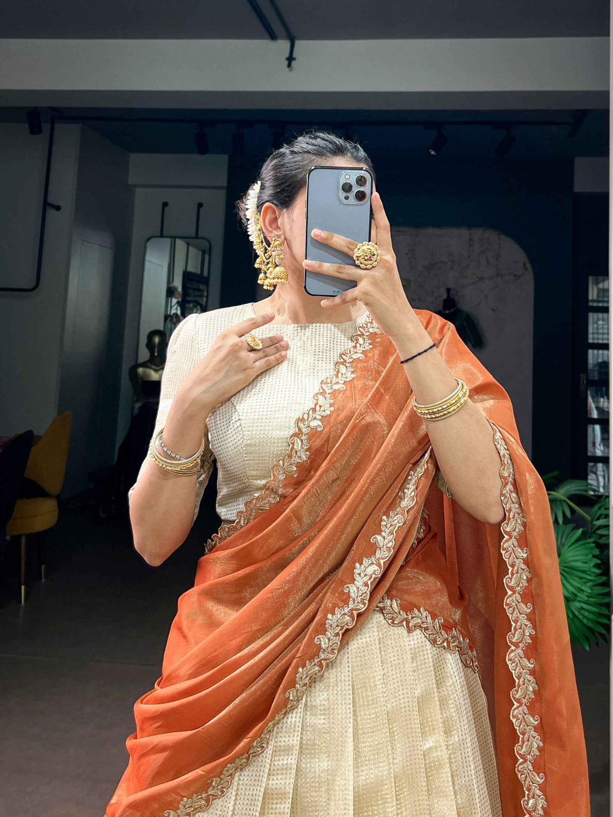 Orange Pure Jacquard Chex With Rich Zari Weaving Work South Indian Lehenga Choli