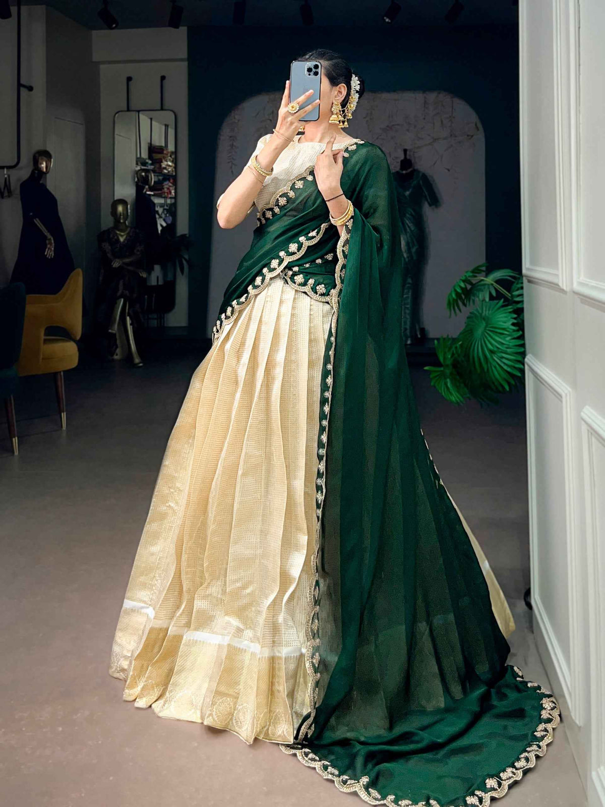 Green Pure Jacquard Chex With Rich Zari Weaving Work South Indian Lehenga Choli
