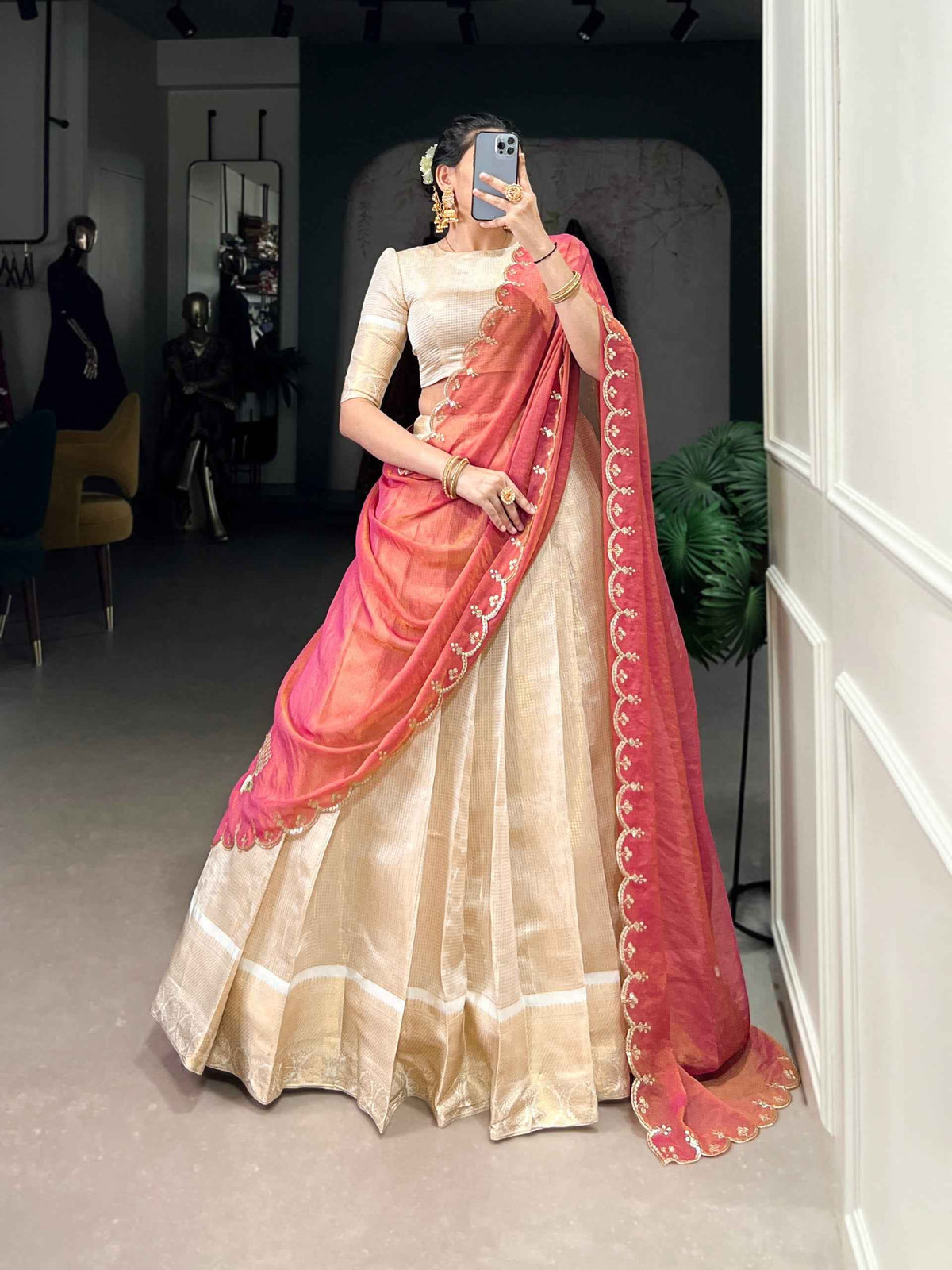 Pink Pure Jacquard Chex With Rich Zari Weaving Work South Indian Lehenga Choli
