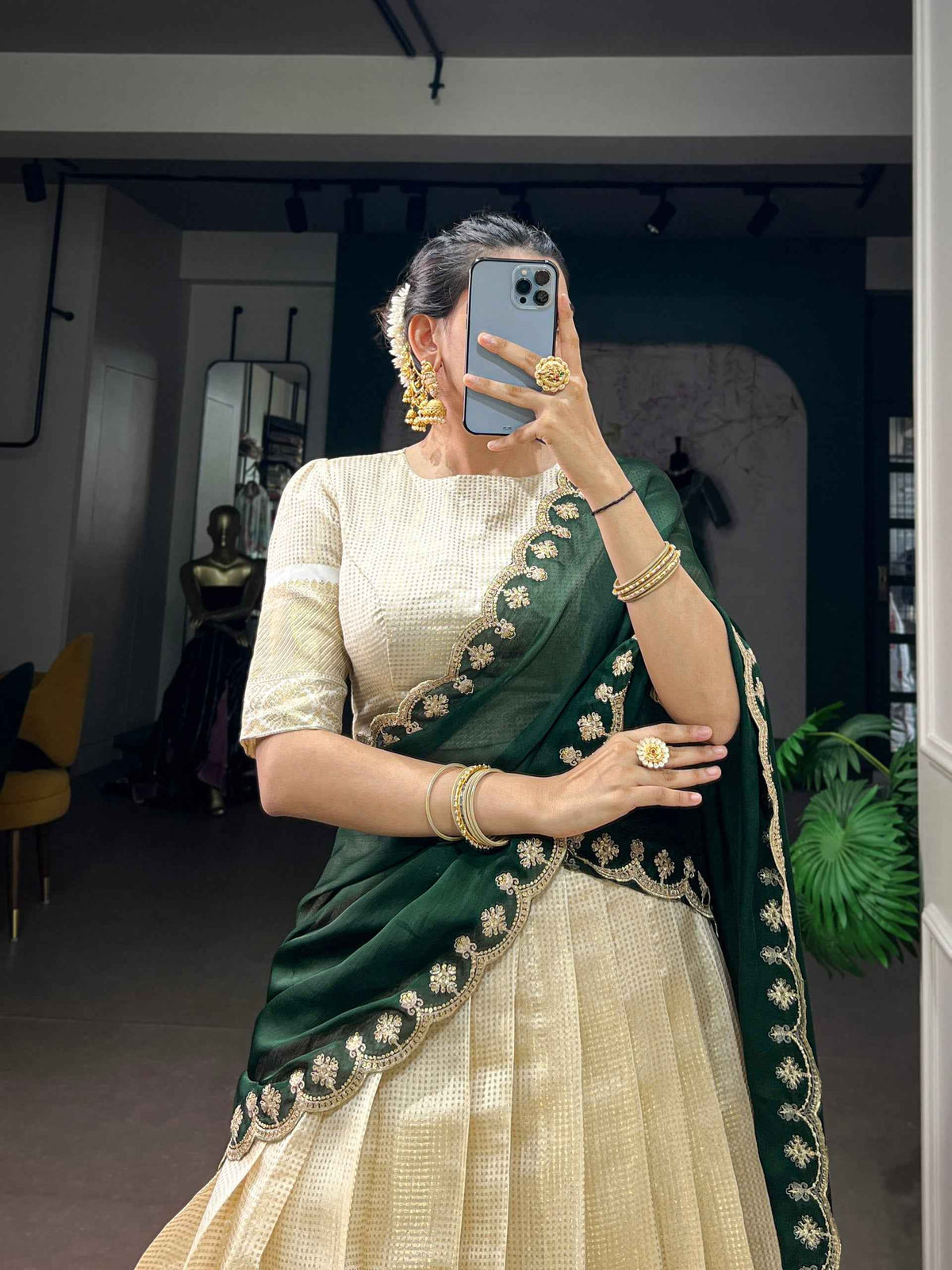 Green Pure Jacquard Chex With Rich Zari Weaving Work South Indian Lehenga Choli